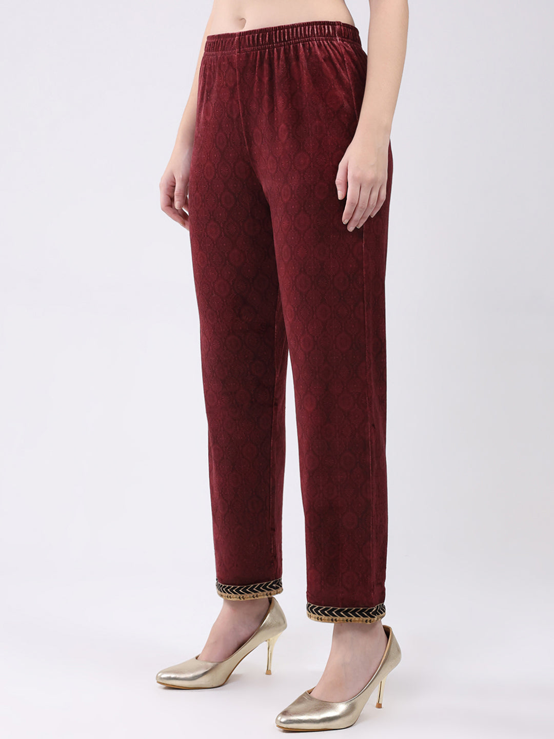 Women Maroon Printed Round Neck Full Sleeve Kurti Set for Winter