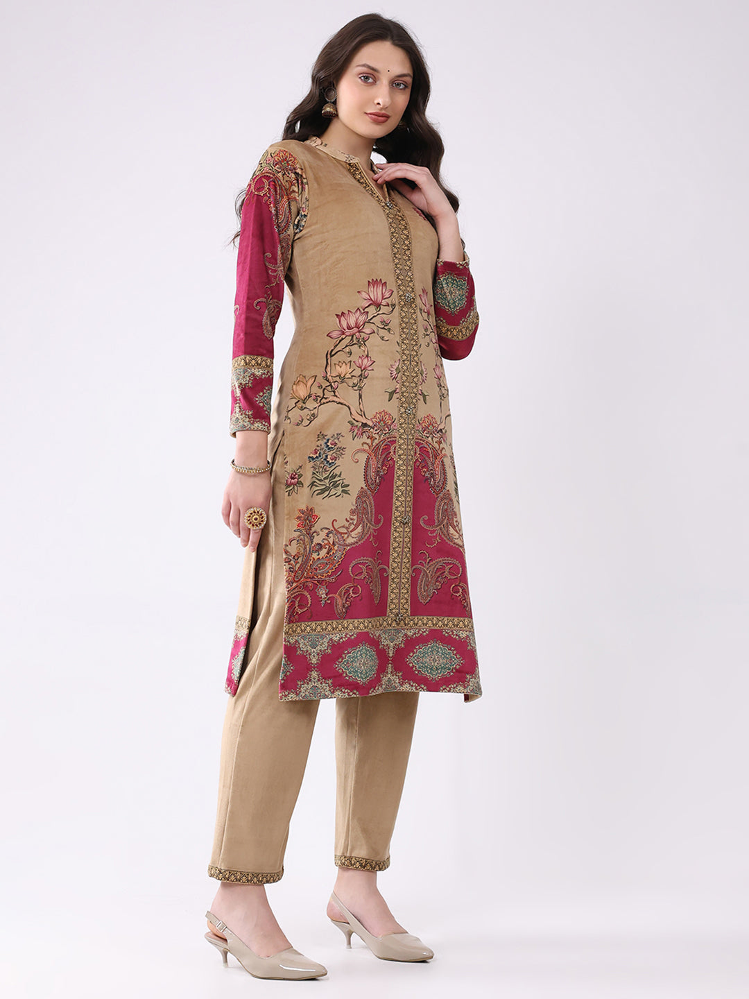 Women Khaki Printed Round Neck Full Sleeve Kurti, Stole & Lower 3Pc Set for Winter