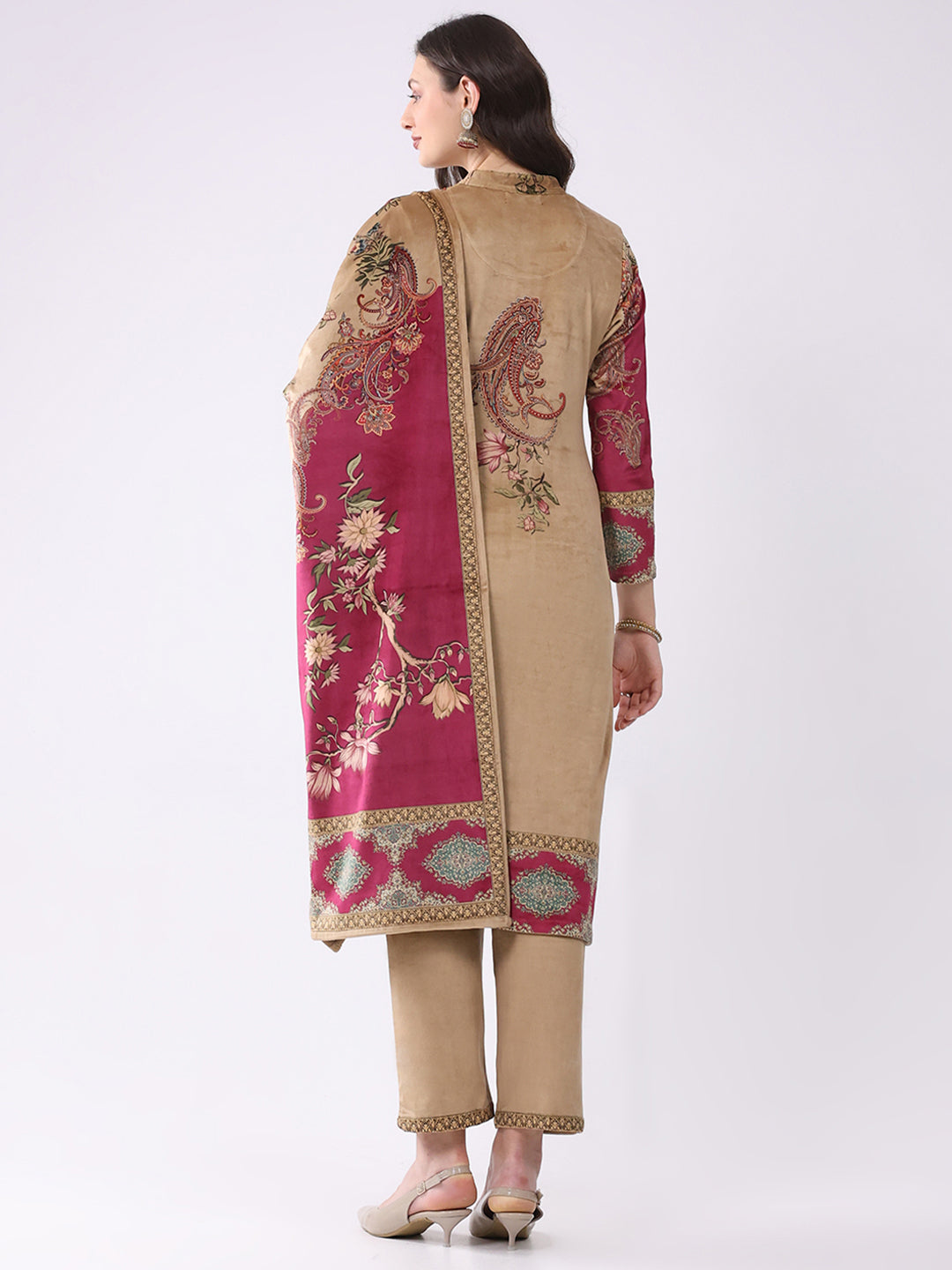 Women Khaki Printed Round Neck Full Sleeve Kurti, Stole & Lower 3Pc Set for Winter