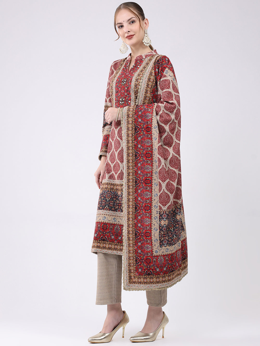 Women Maroon Printed Round Neck Full Sleeve Kurti Set for Winter