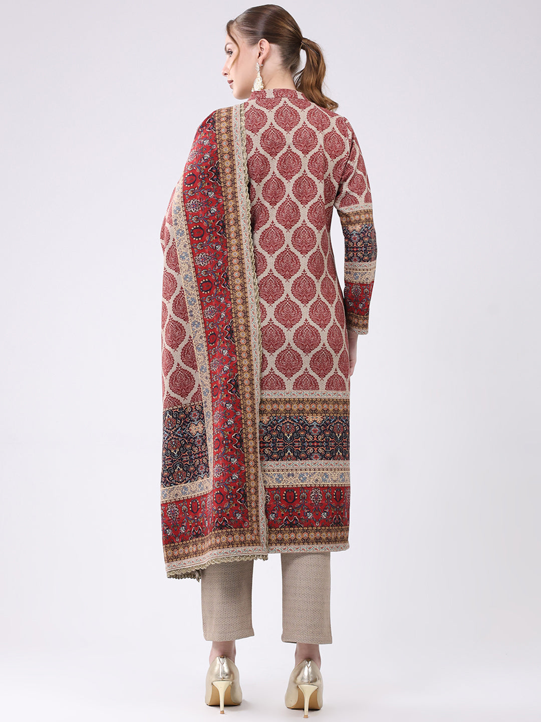 Women Maroon Printed Round Neck Full Sleeve Kurti Set for Winter