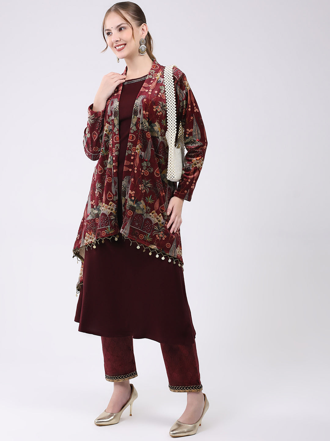 Women Maroon Printed Round Neck Sleeveless Kurti with Shrug (2 Pc set)