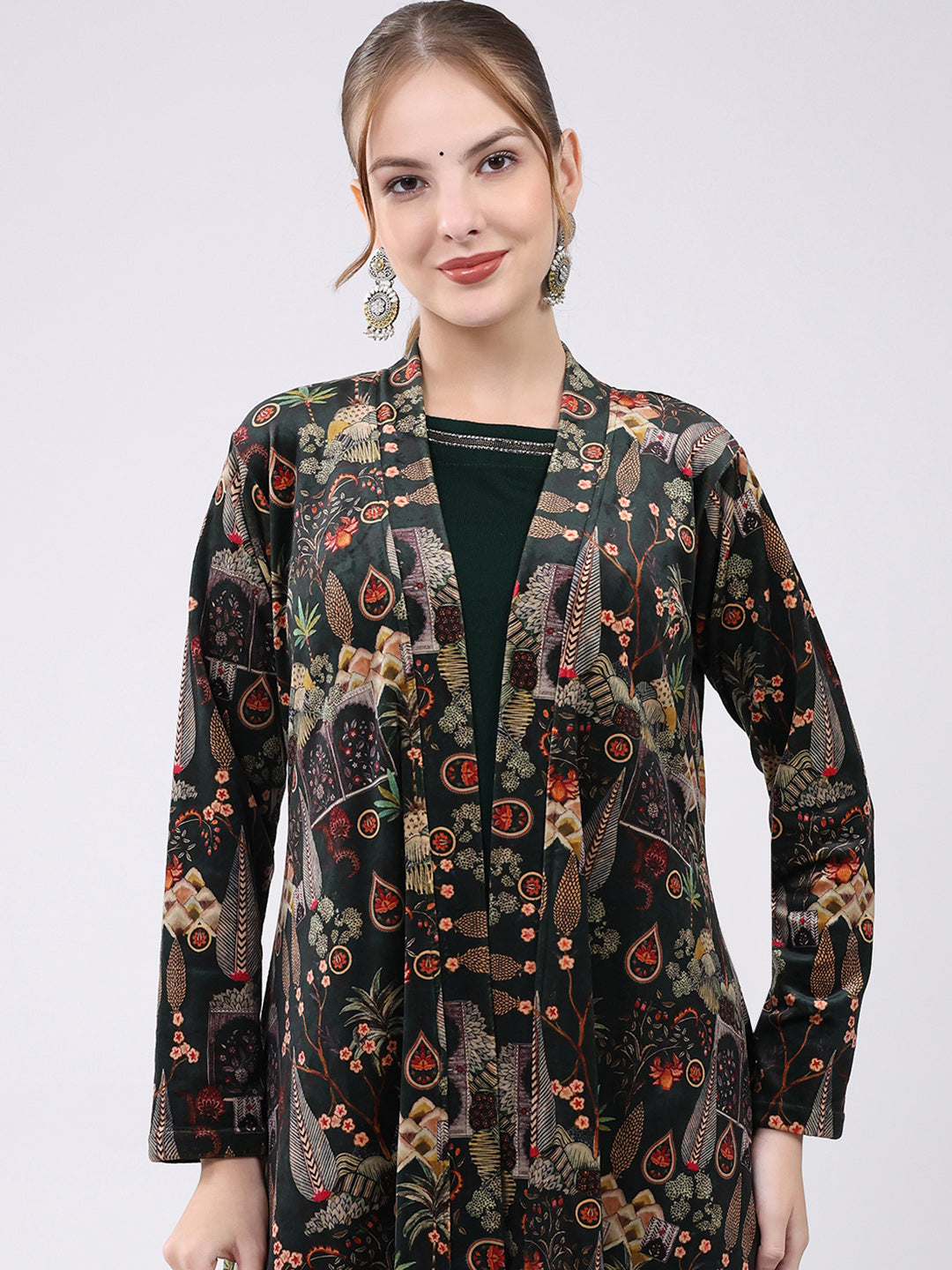 Women Green Printed Round Neck Sleeveless Kurti with Shrug (2 Pc set)