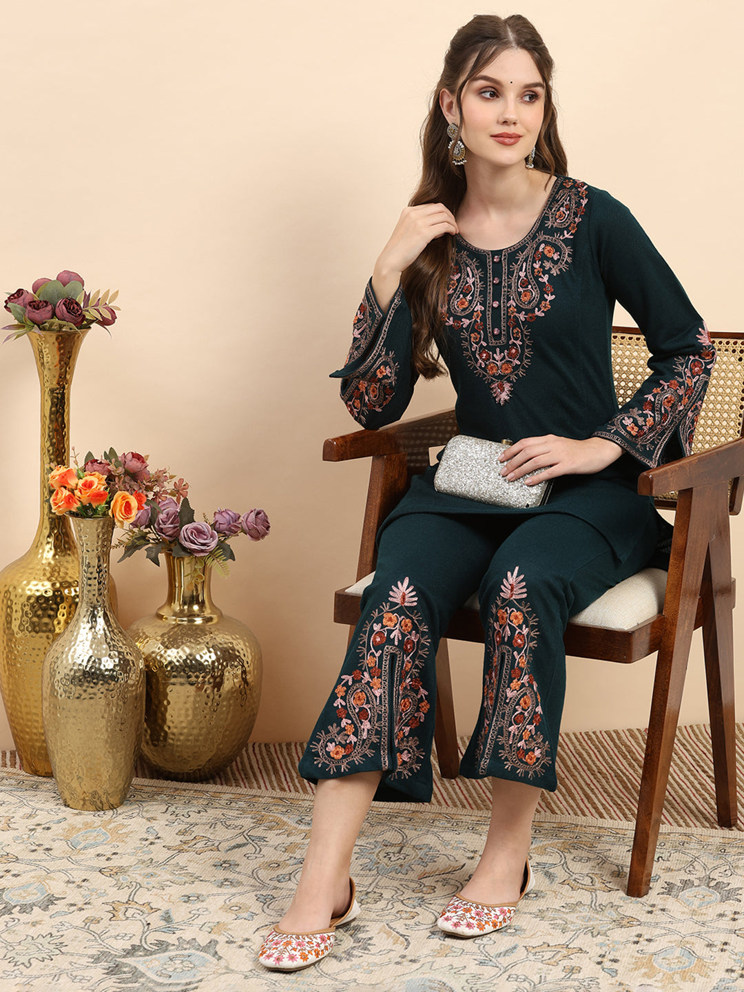 Women Teal Blue Printed Round Neck Full Sleeve Kurti Set for Winter