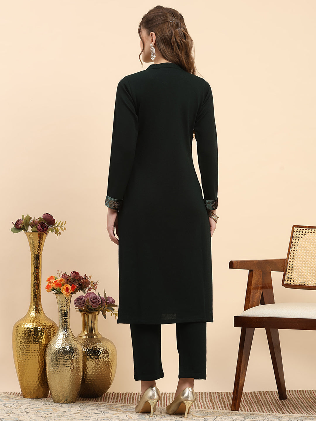 Women Green Printed Round Neck Full Sleeve 3 Pc Kurti Set for Winter