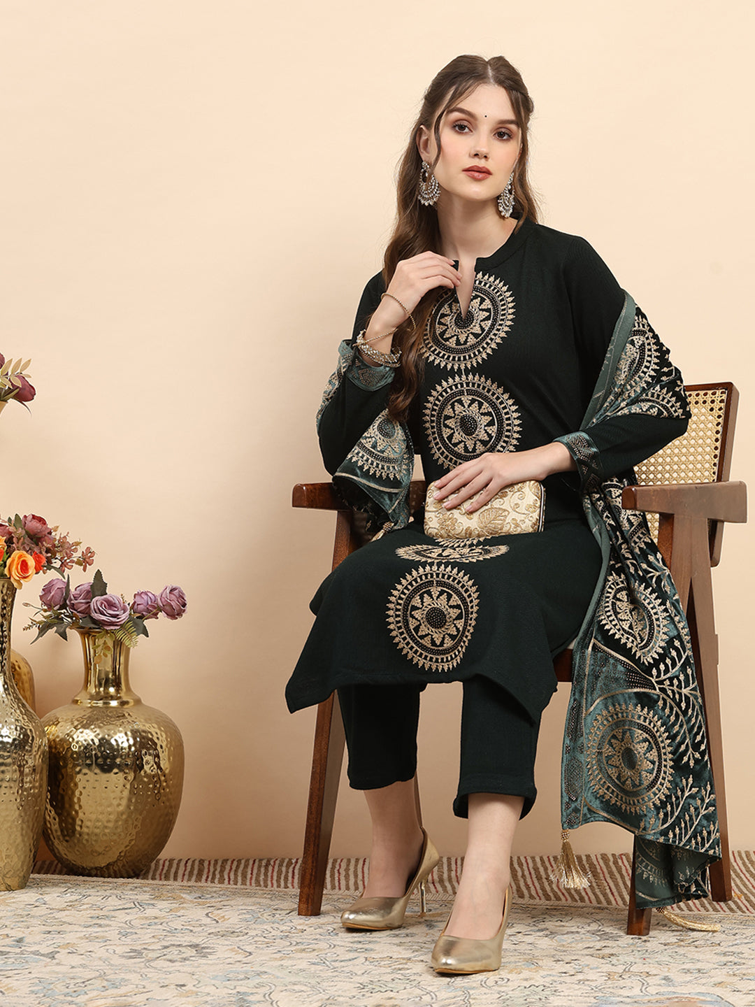 Women Green Printed Round Neck Full Sleeve 3 Pc Kurti Set for Winter