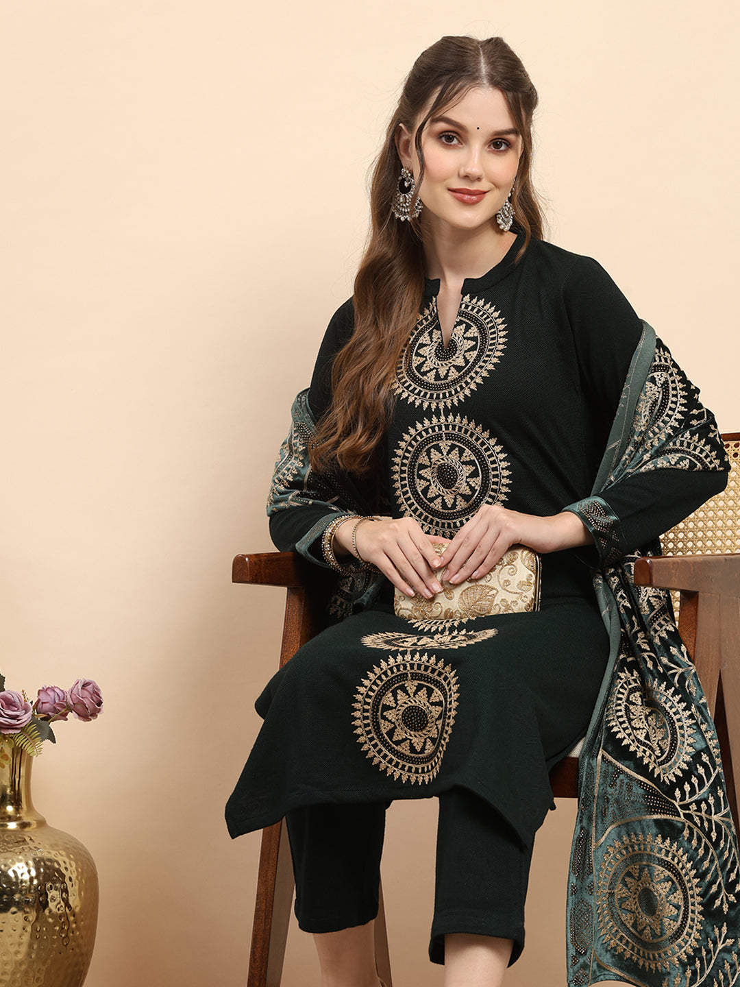Women Green Printed Round Neck Full Sleeve 3 Pc Kurti Set for Winter
