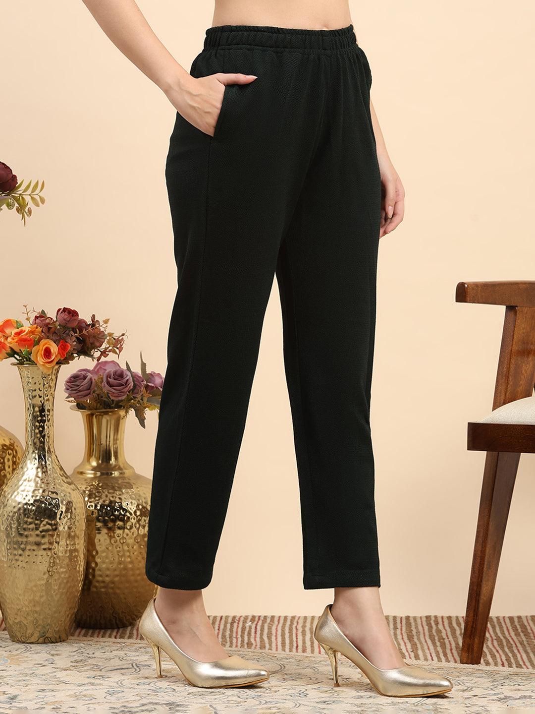 Women Green Printed Round Neck Full Sleeve 3 Pc Kurti Set for Winter