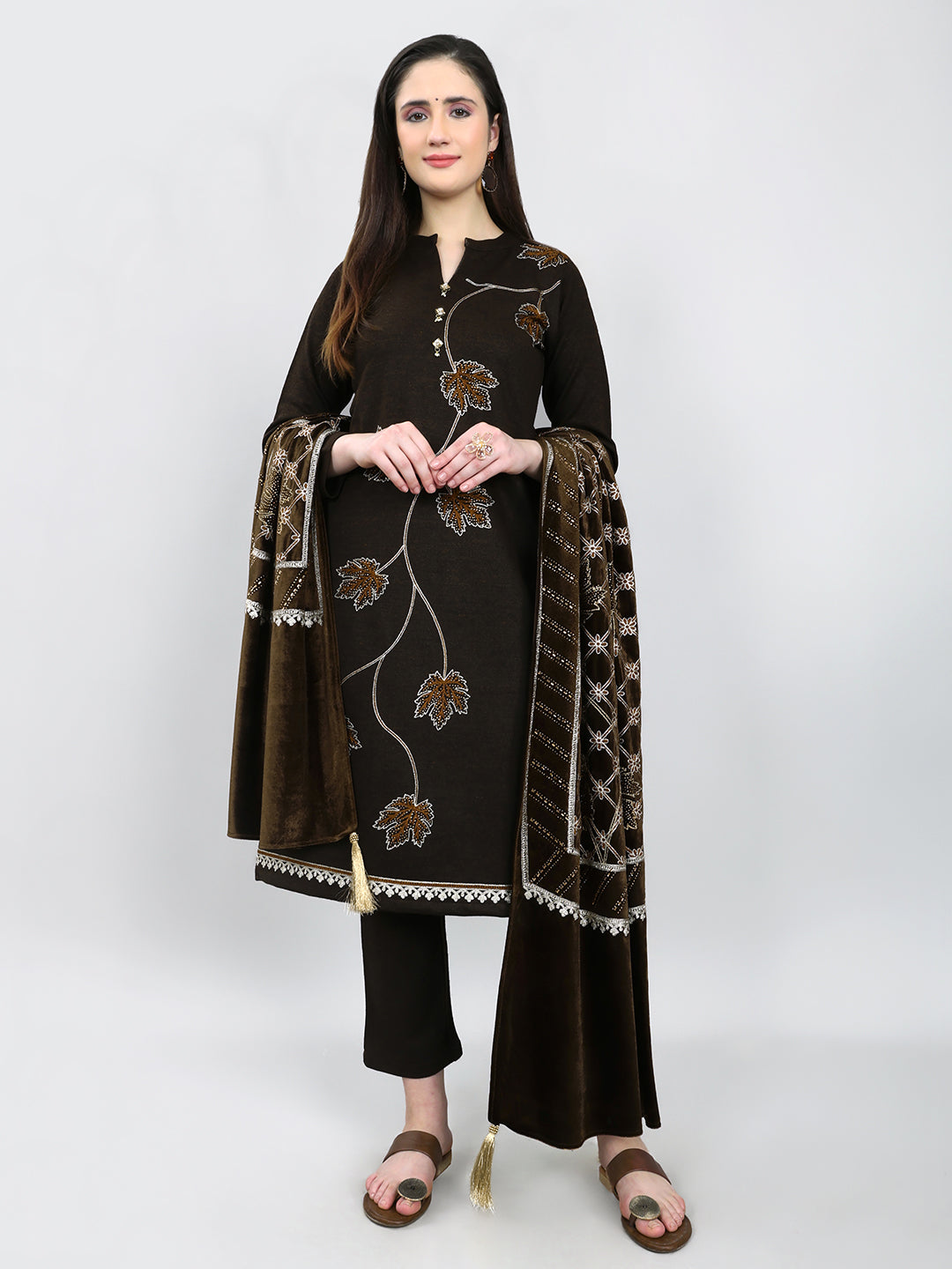 Women Brown Self Design Round Neck Full Sleeve 3 Pc Kurtis Set for Winter