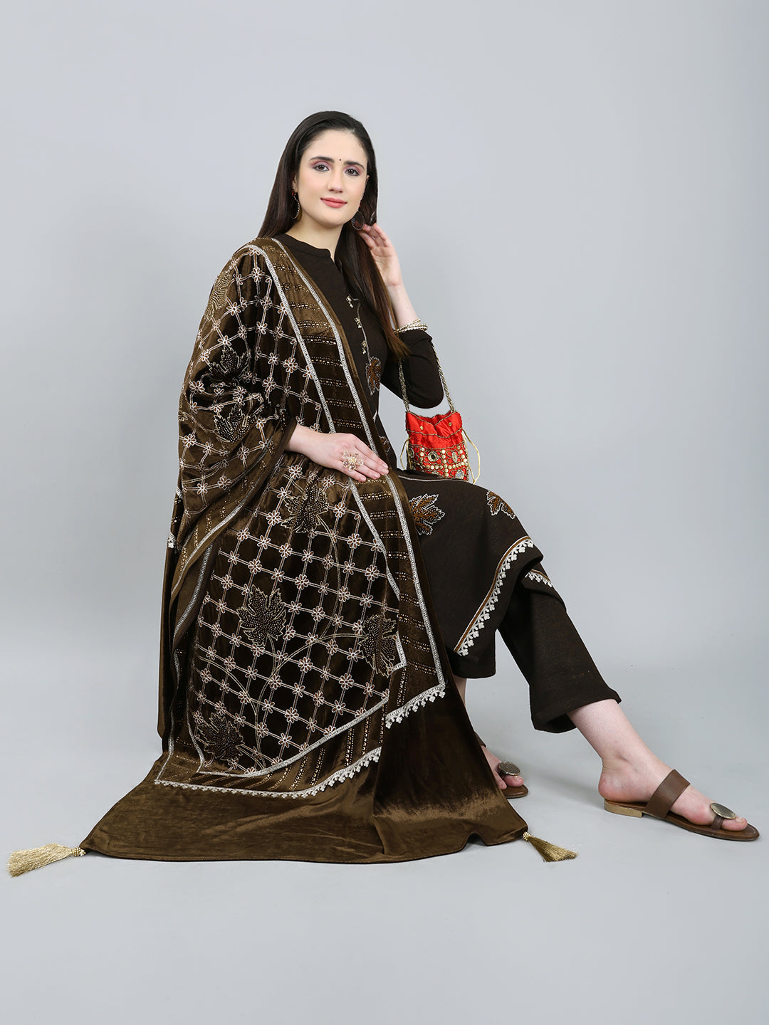 Women Brown Self Design Round Neck Full Sleeve 3 Pc Kurtis Set for Winter