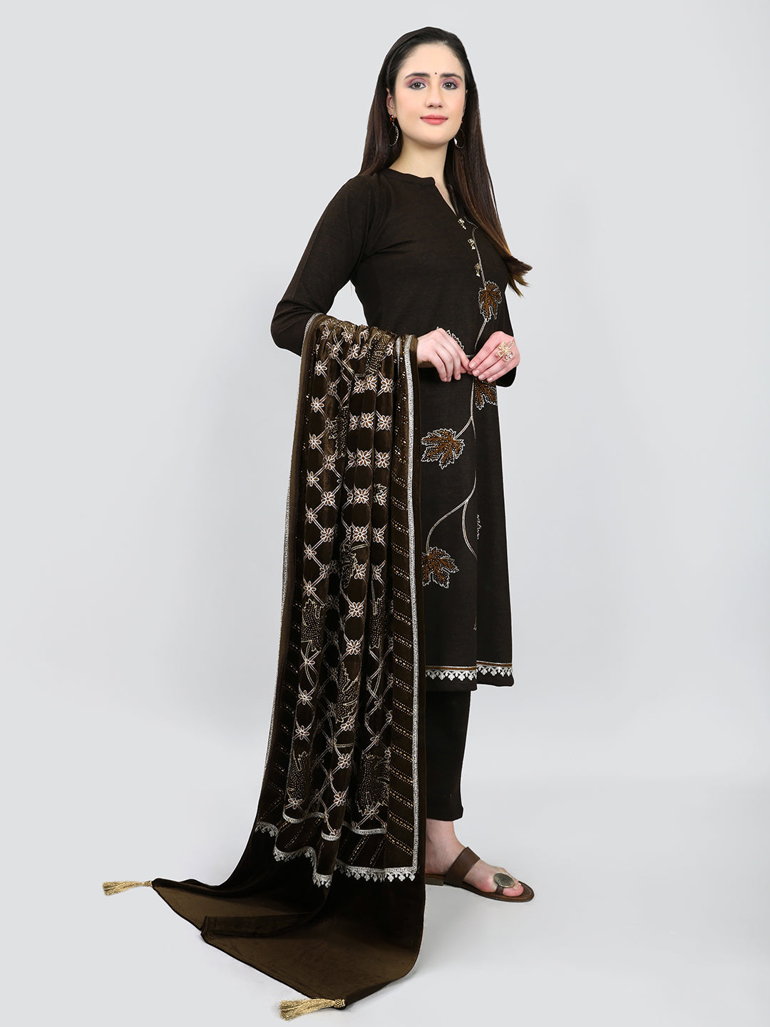 Women Brown Self Design Round Neck Full Sleeve 3 Pc Kurtis Set for Winter