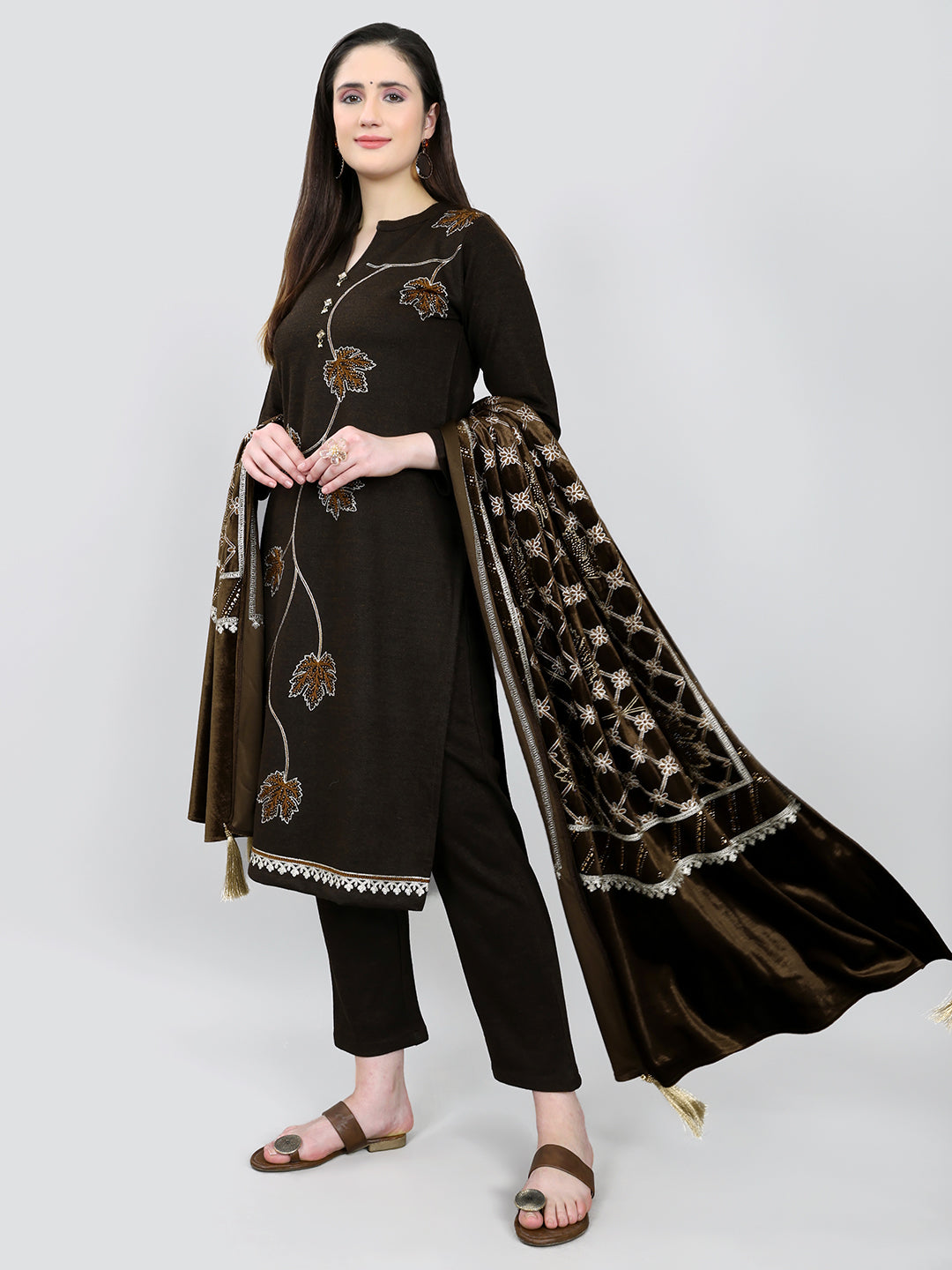 Women Brown Self Design Round Neck Full Sleeve 3 Pc Kurtis Set for Winter