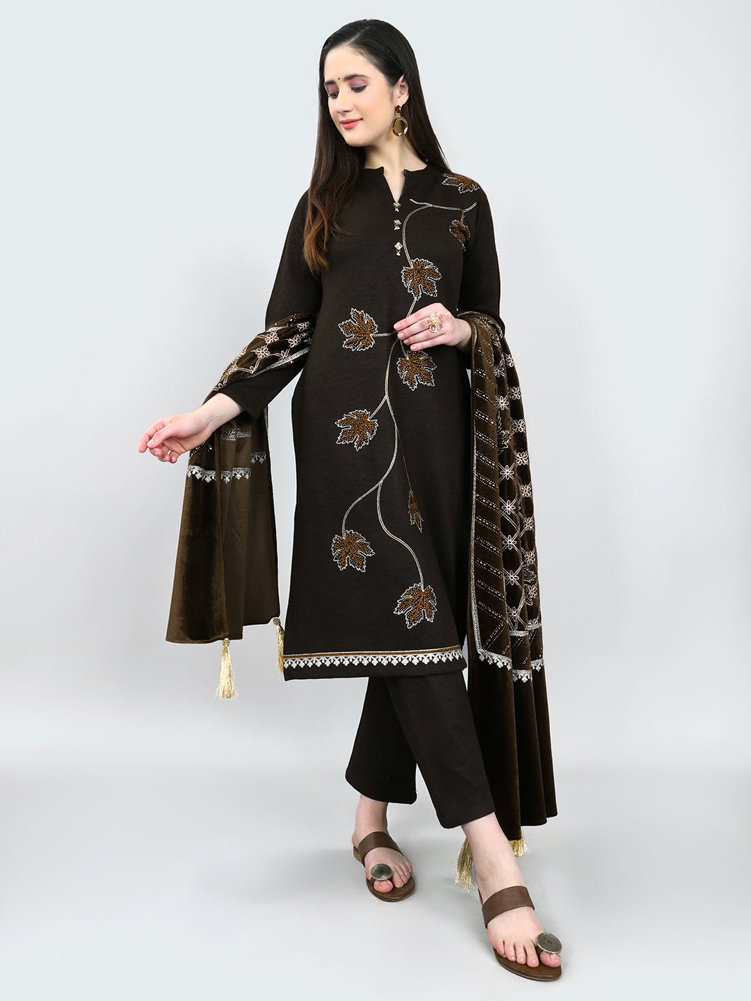 Women Brown Self Design Round Neck Full Sleeve 3 Pc Kurtis Set for Winter