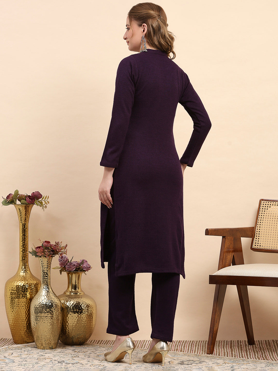 Women Purple Printed Round Neck Full Sleeve Kurti Set for Winter