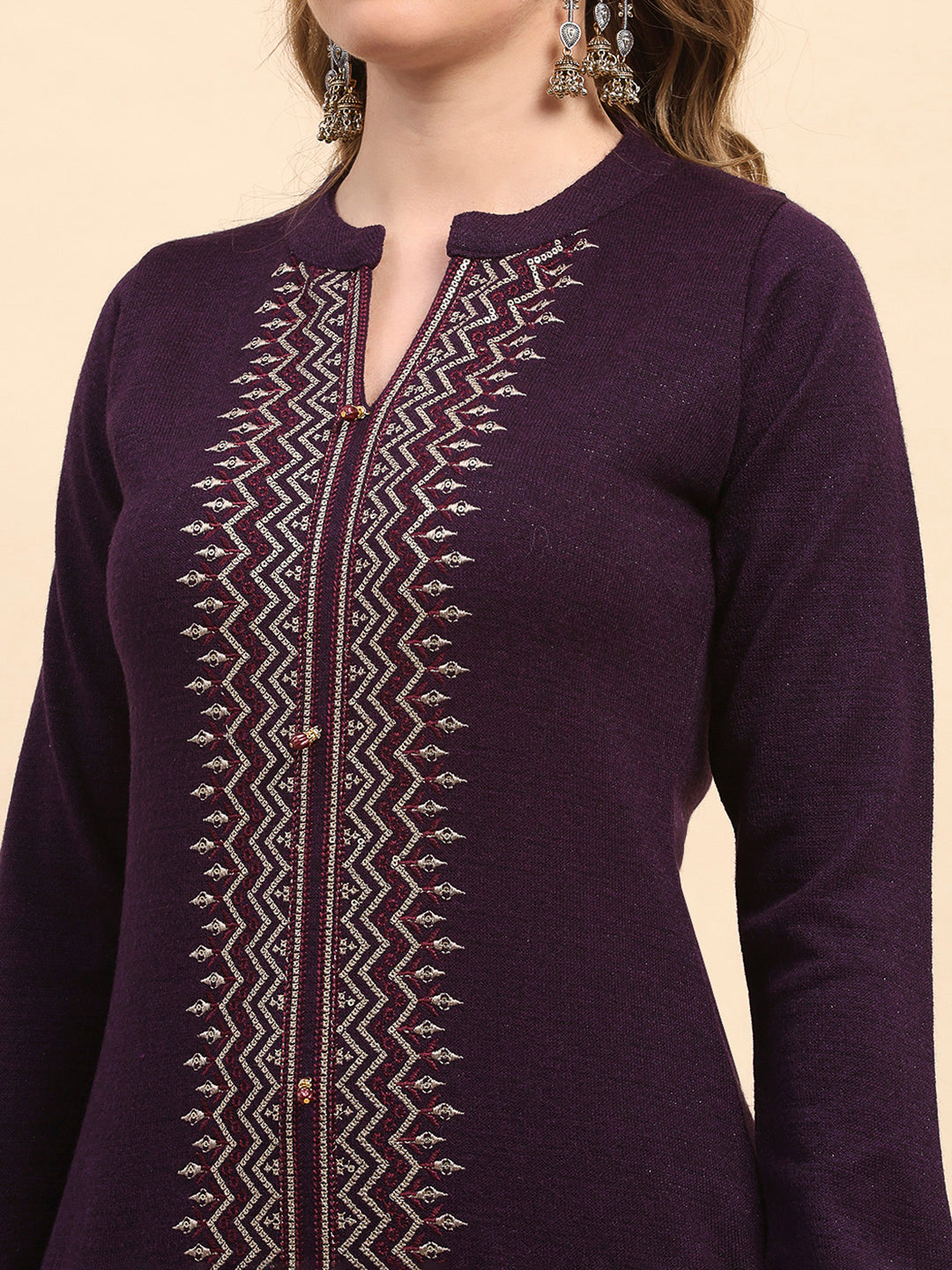 Women Purple Printed Round Neck Full Sleeve Kurti Set for Winter