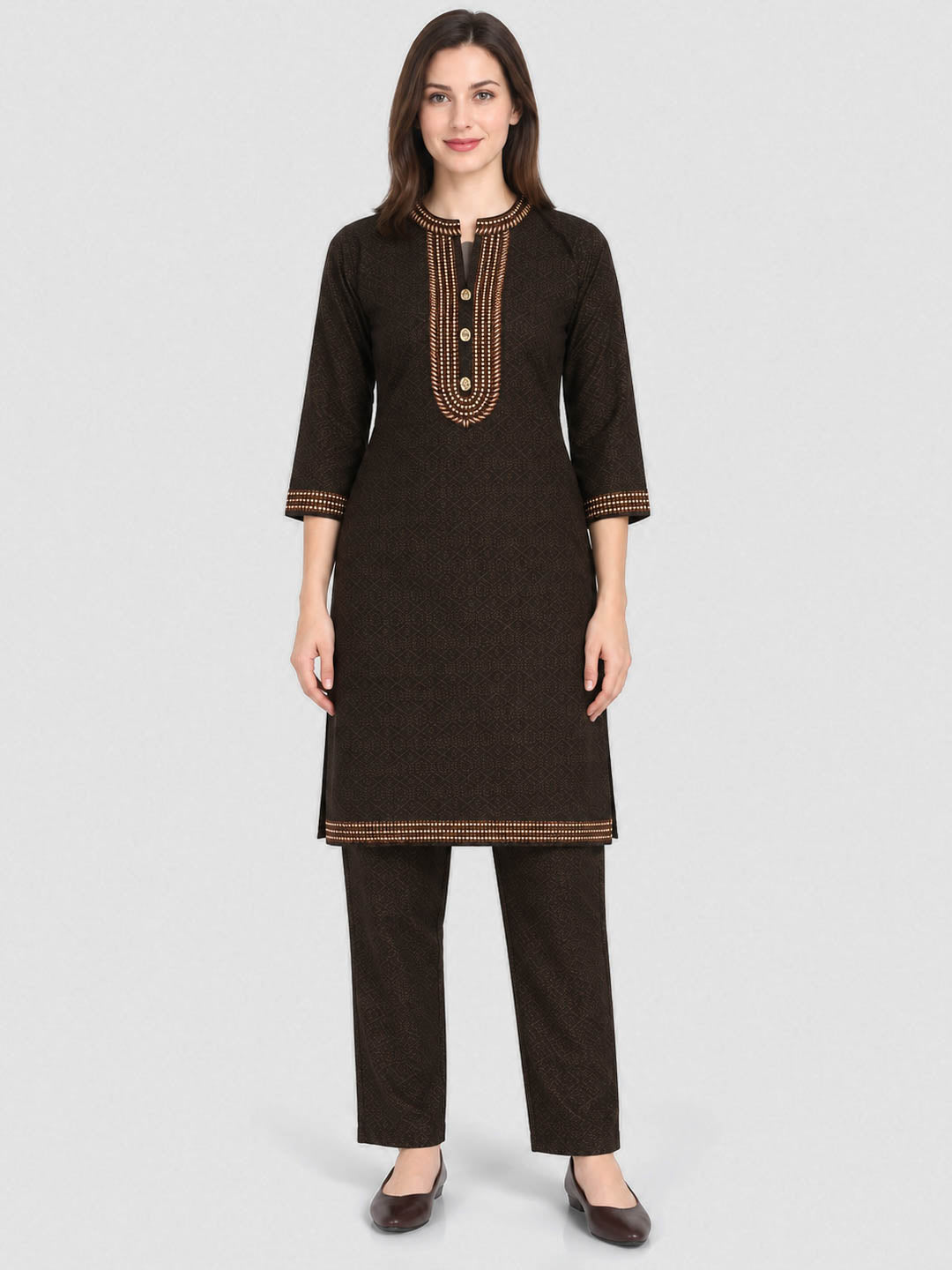Women Brown Designer Round Neck Full Sleeve Kurtis Set for Winter