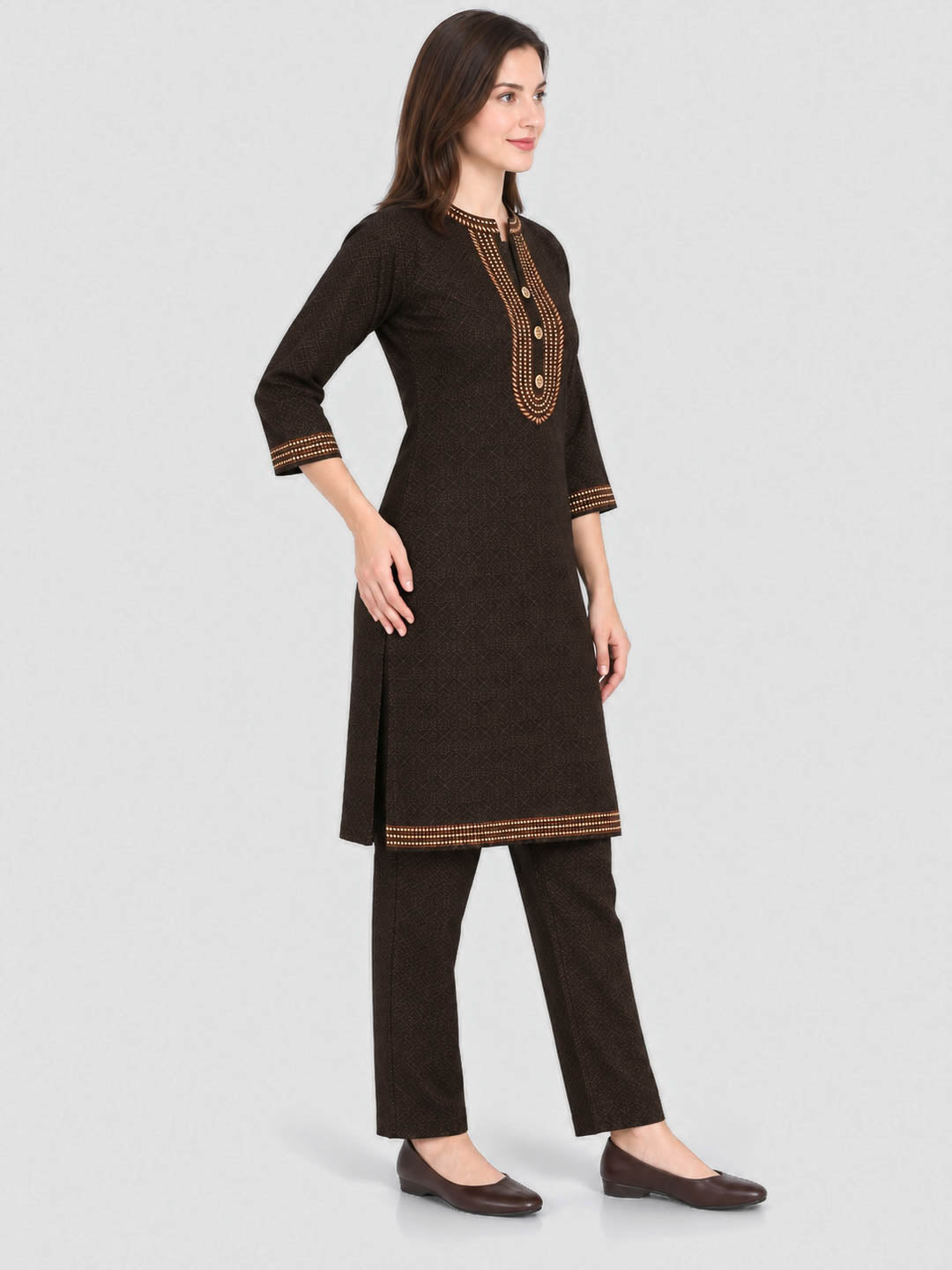 Women Brown Designer Round Neck Full Sleeve Kurtis Set for Winter
