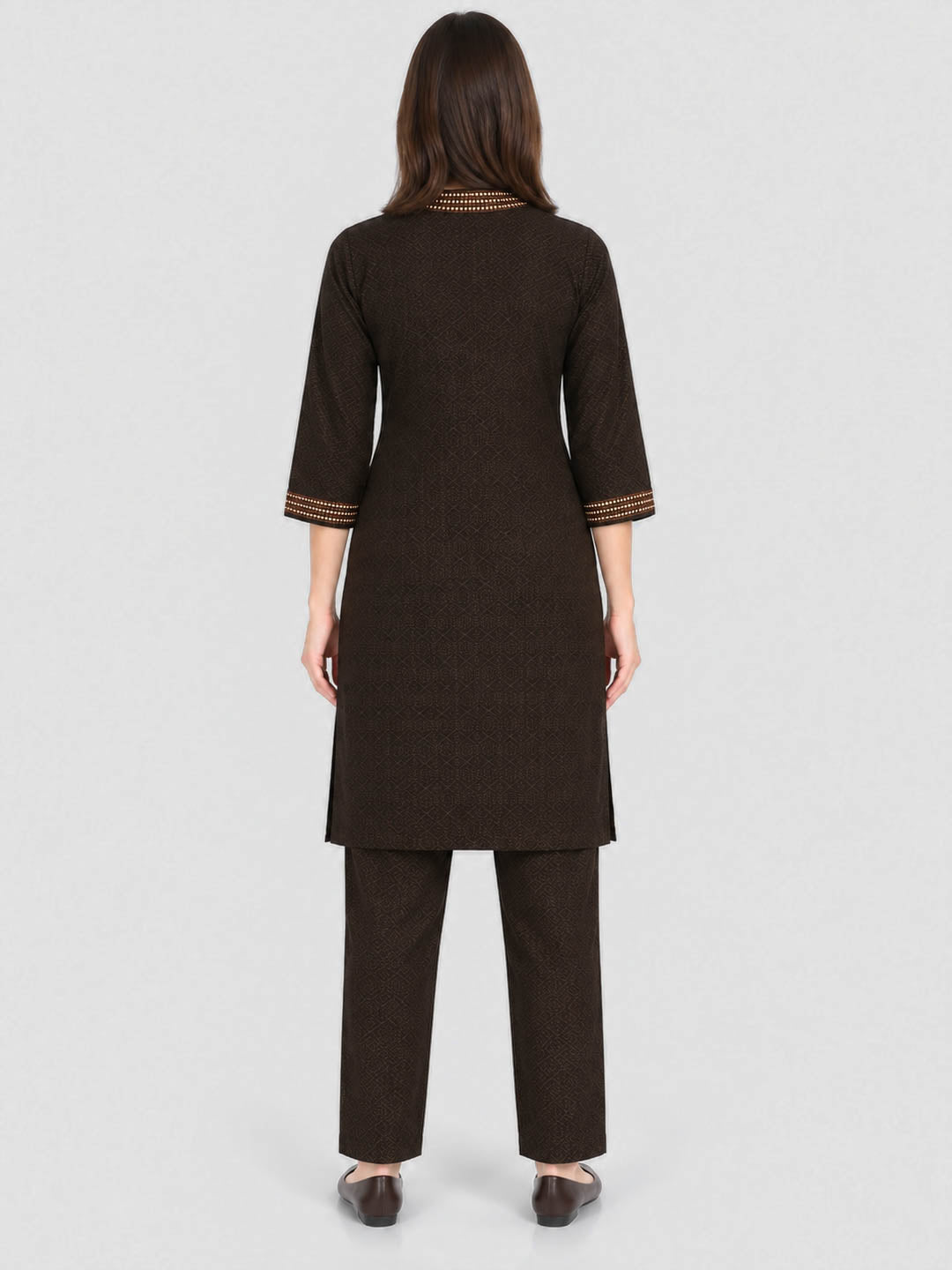 Women Brown Designer Round Neck Full Sleeve Kurtis Set for Winter