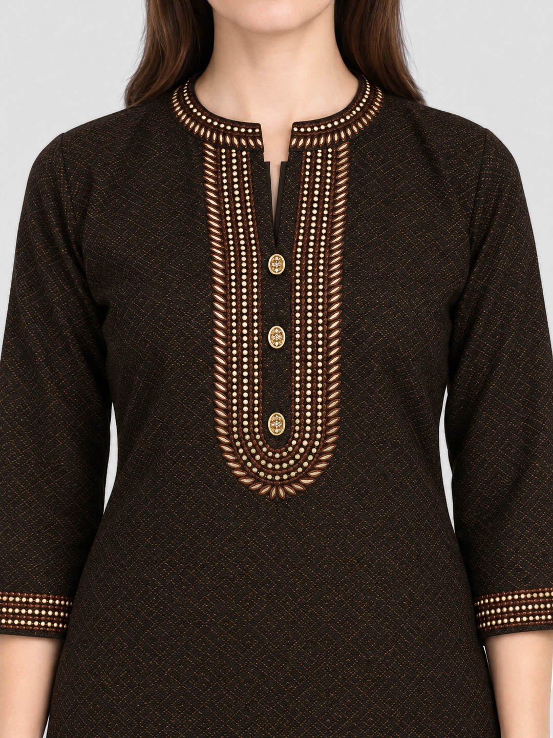 Women Brown Designer Round Neck Full Sleeve Kurtis Set for Winter