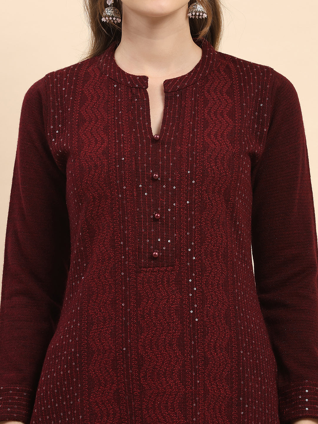 Women Maroon Printed Round Neck Full Sleeve Kurti Set for Winter