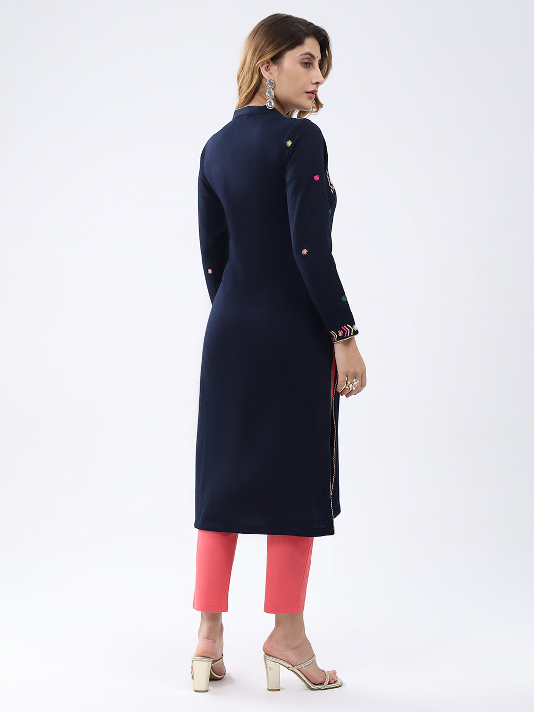 Women Navy Blue Self Design V Neck Full Sleeve Winter Kurti