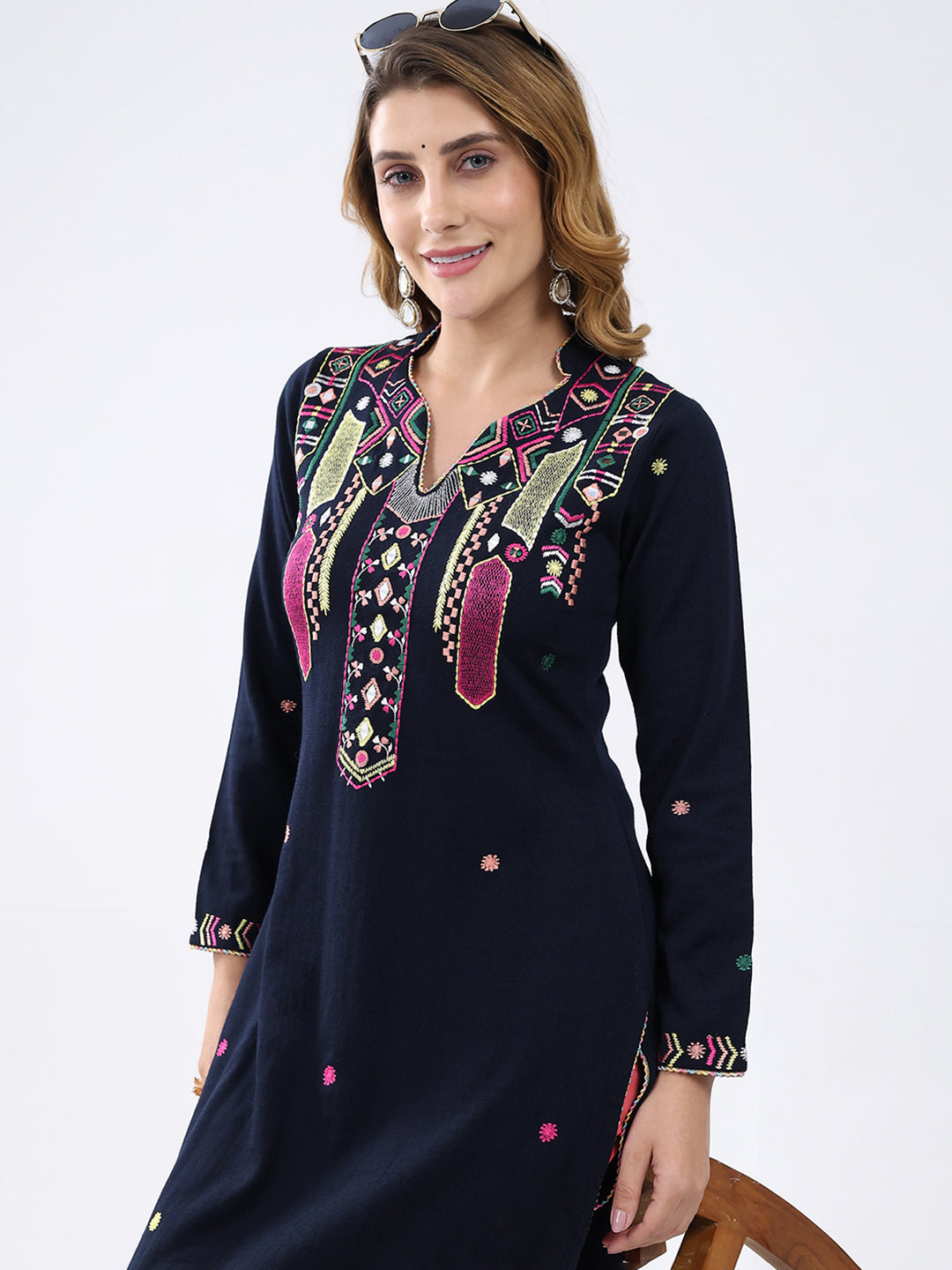 Women Navy Blue Self Design V Neck Full Sleeve Winter Kurti