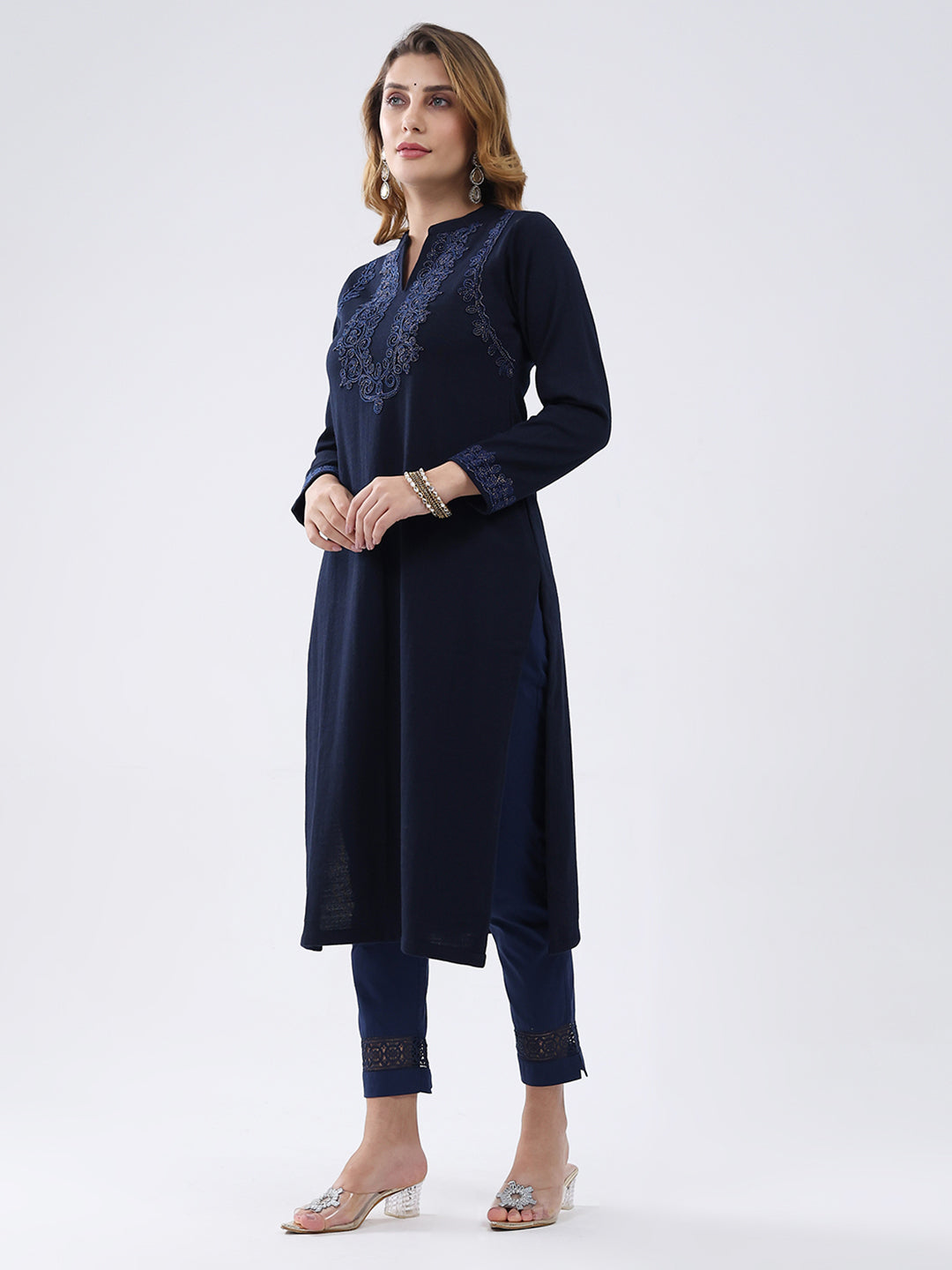 Women Navy Blue Self Design Round Neck Full Sleeve Winter Kurti