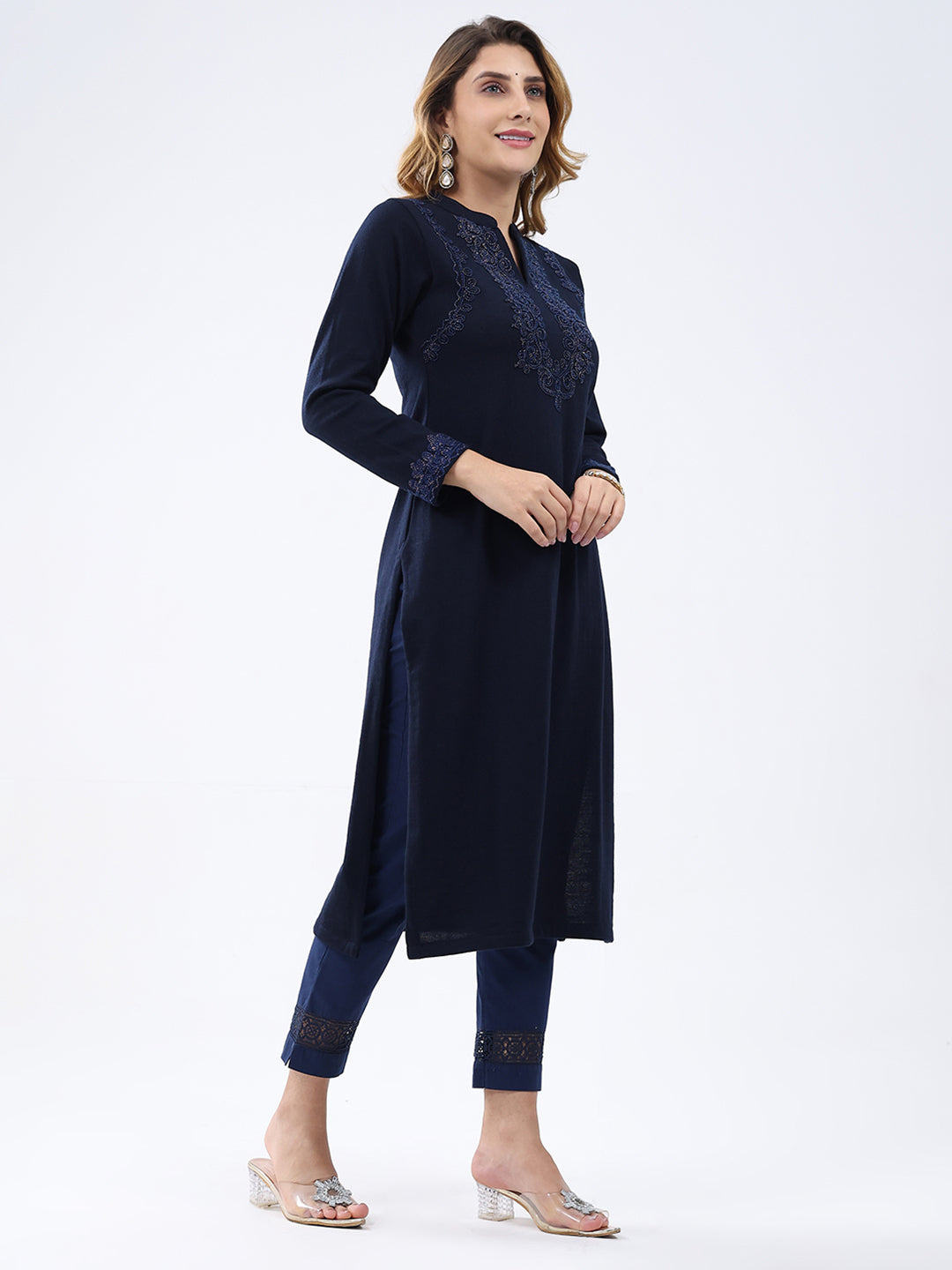 Women Navy Blue Self Design Round Neck Full Sleeve Winter Kurti