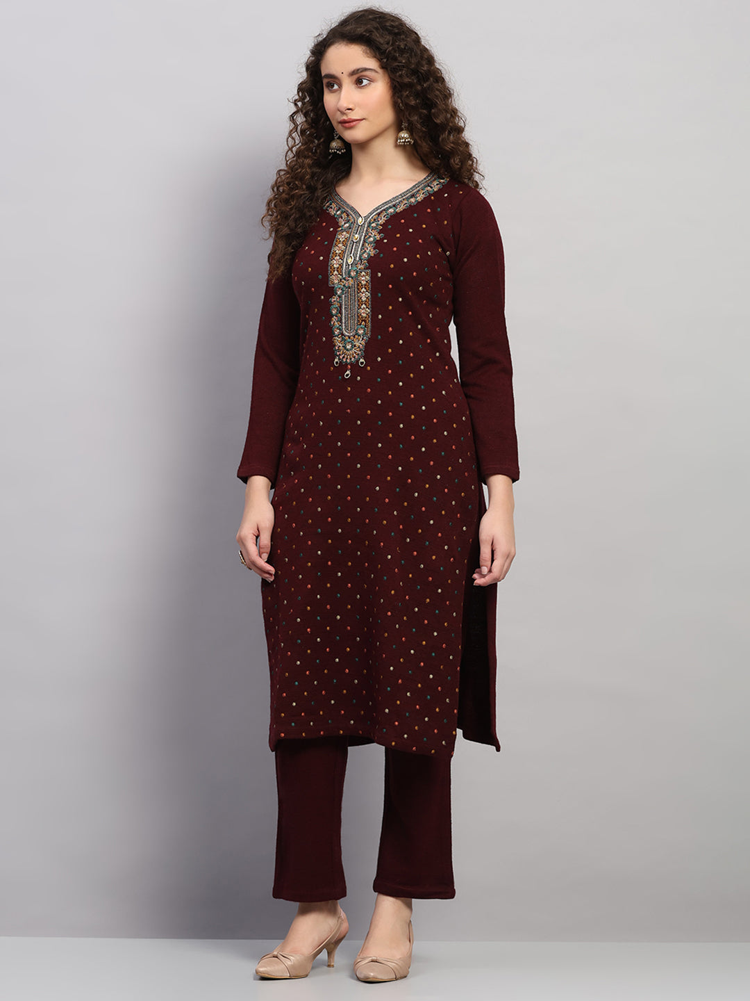 Women Maroon Printed Round Neck Full Sleeve 3 Pc Kurti Set for Winter