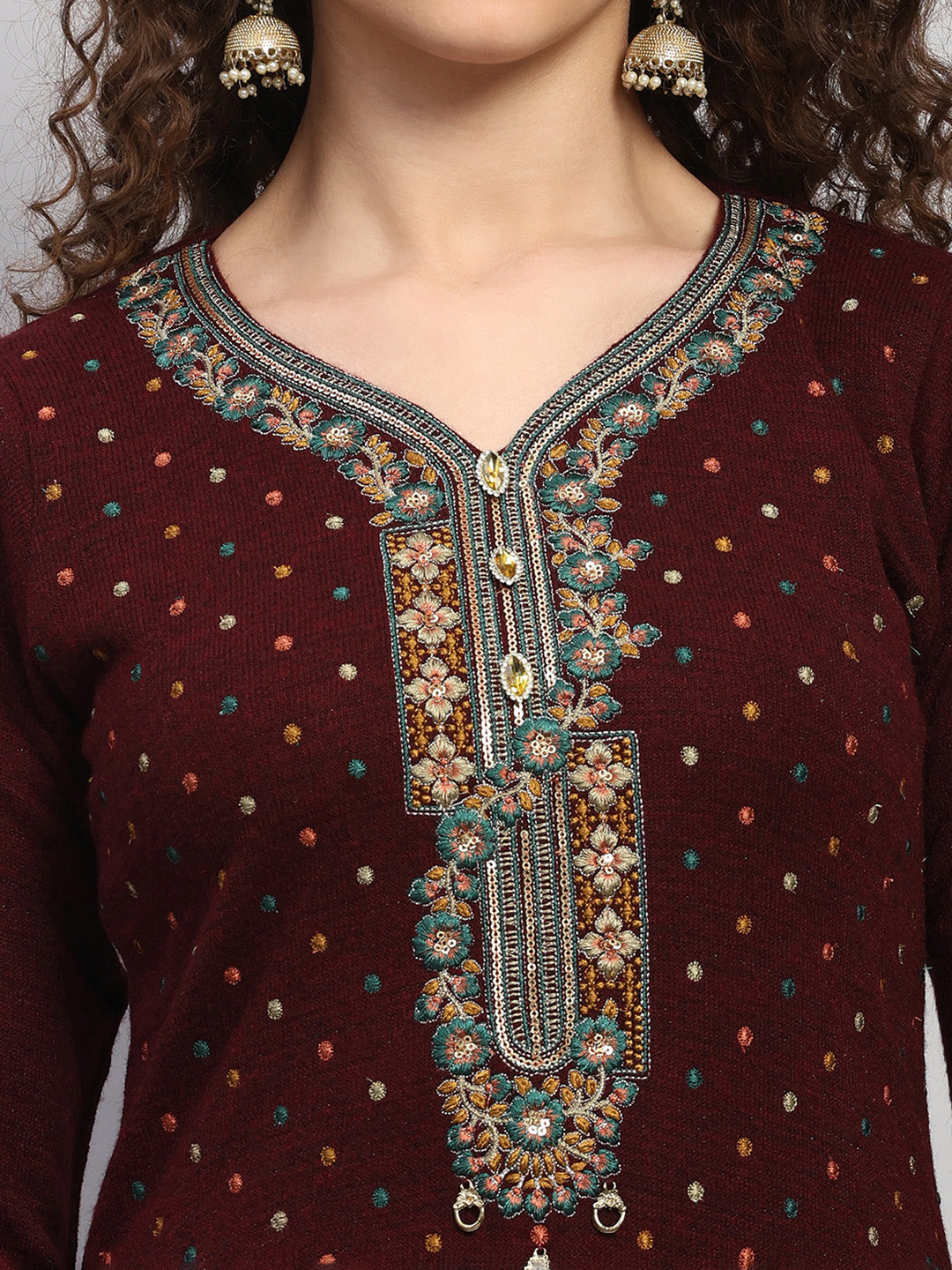 Women Maroon Printed Round Neck Full Sleeve 3 Pc Kurti Set for Winter