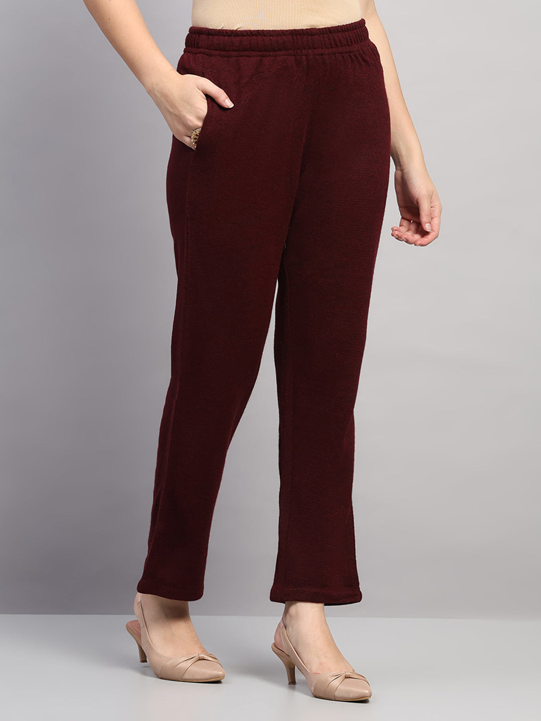 Women Maroon Printed Round Neck Full Sleeve 3 Pc Kurti Set for Winter