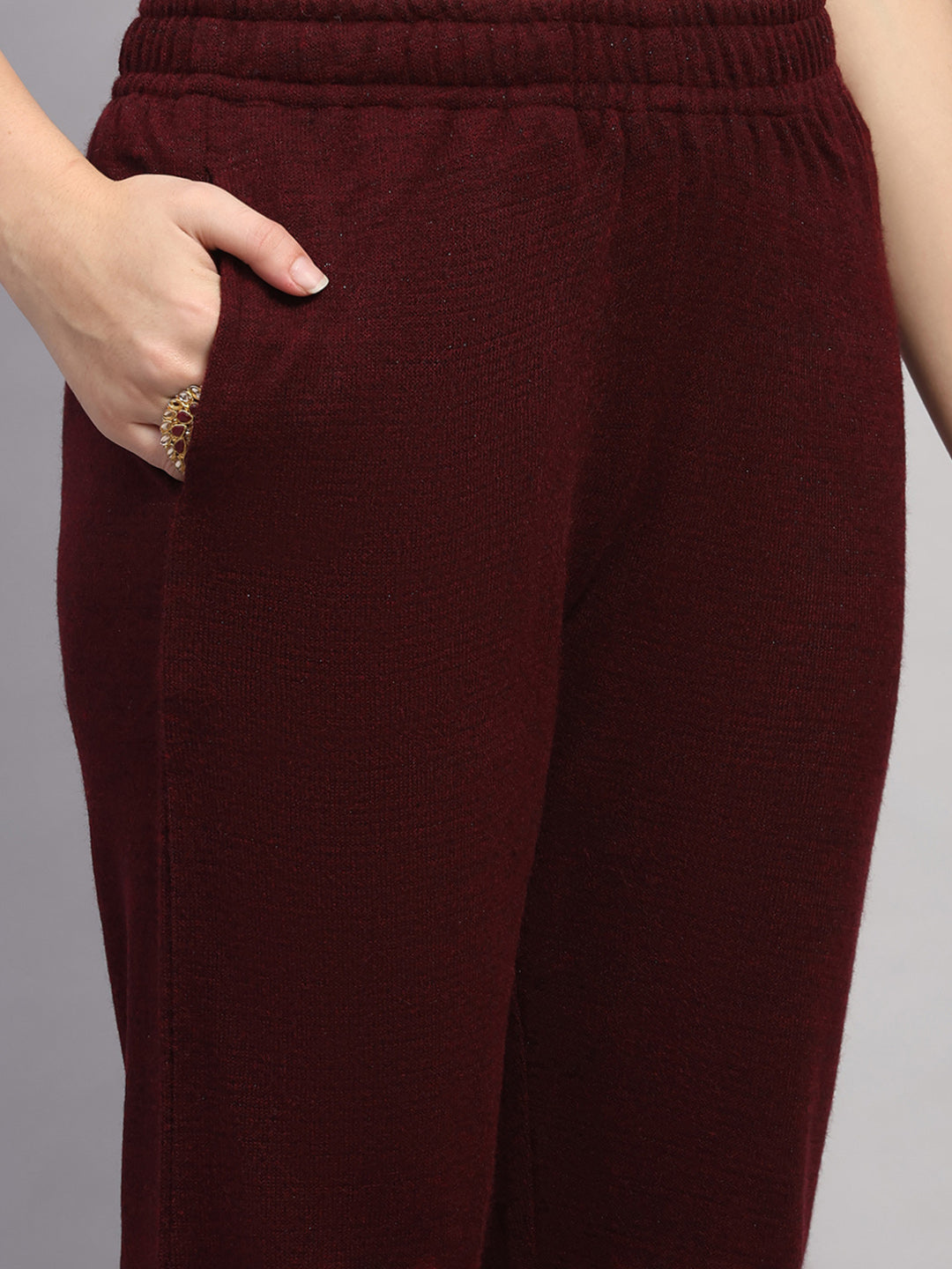 Women Maroon Printed Round Neck Full Sleeve 3 Pc Kurti Set for Winter