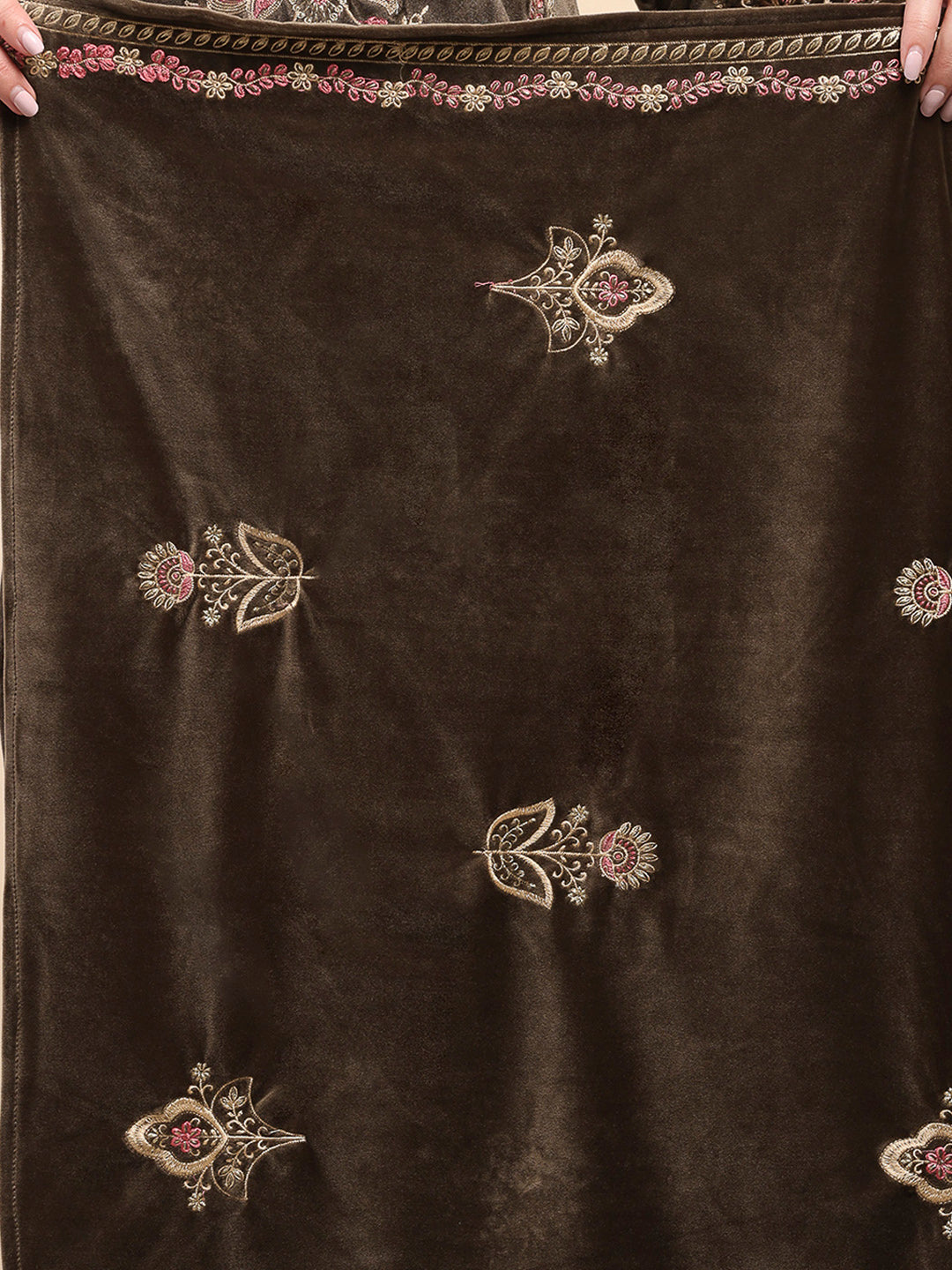 Women Brown Printed Round Neck Full Sleeve 3 Pc Kurti Set for Winter