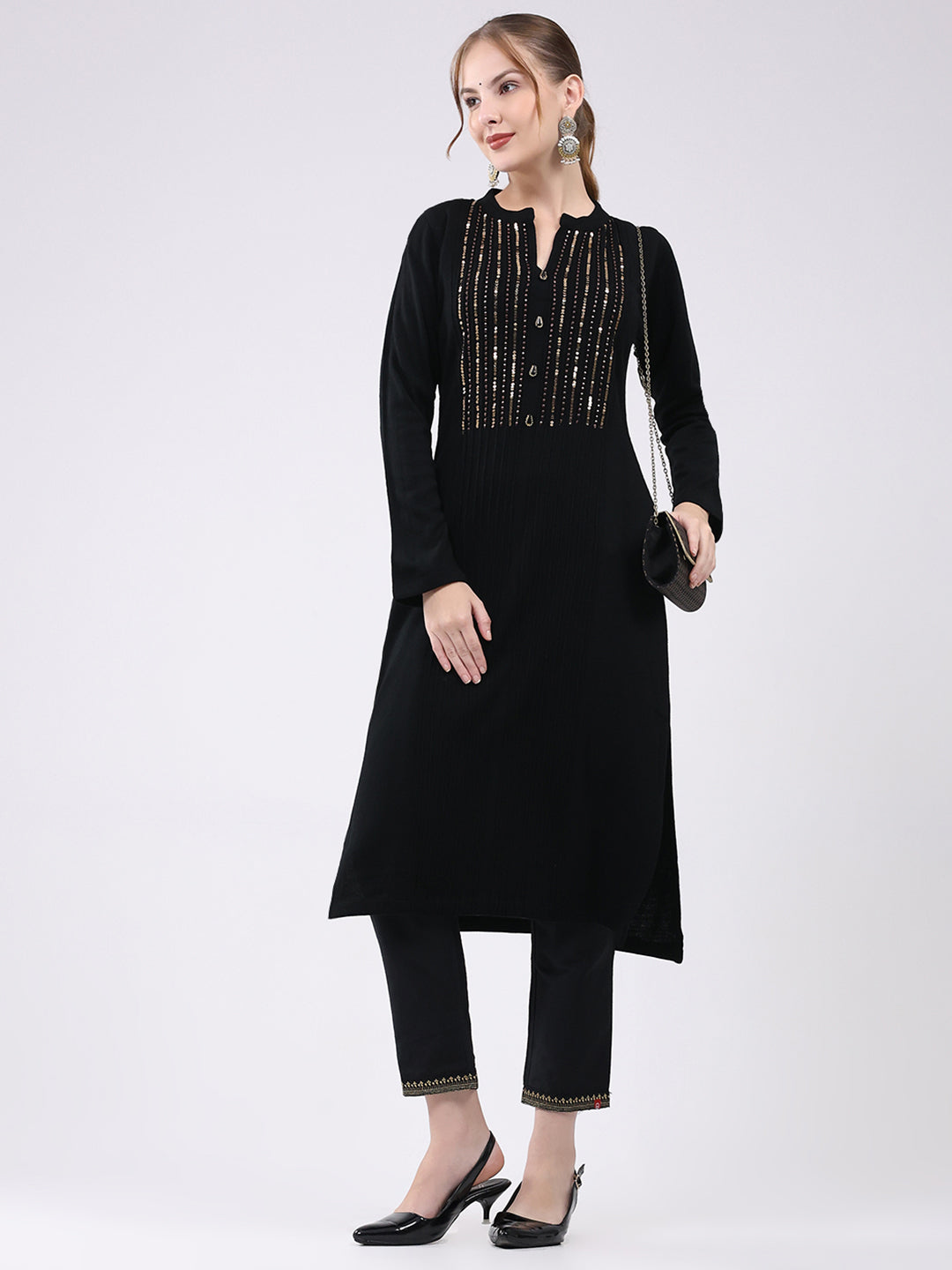 Women Black Self Design Round Neck Full Sleeve Winter Kurti