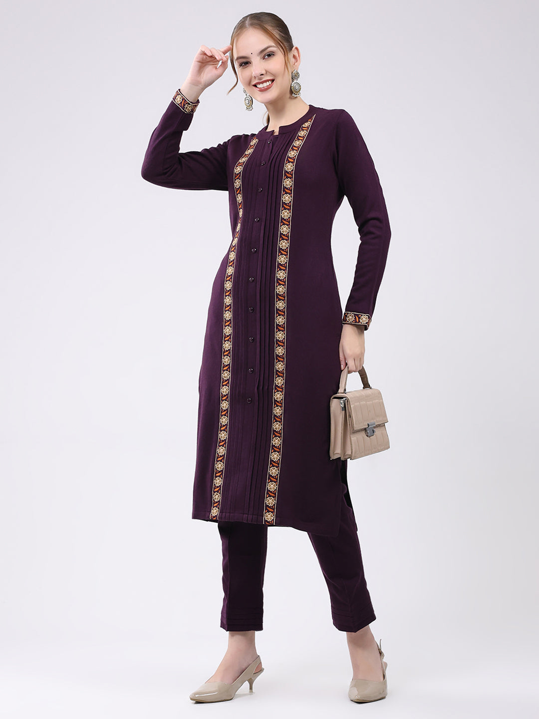 Women Purple Self Design Round Neck Full Sleeve Kurti Set for Winter