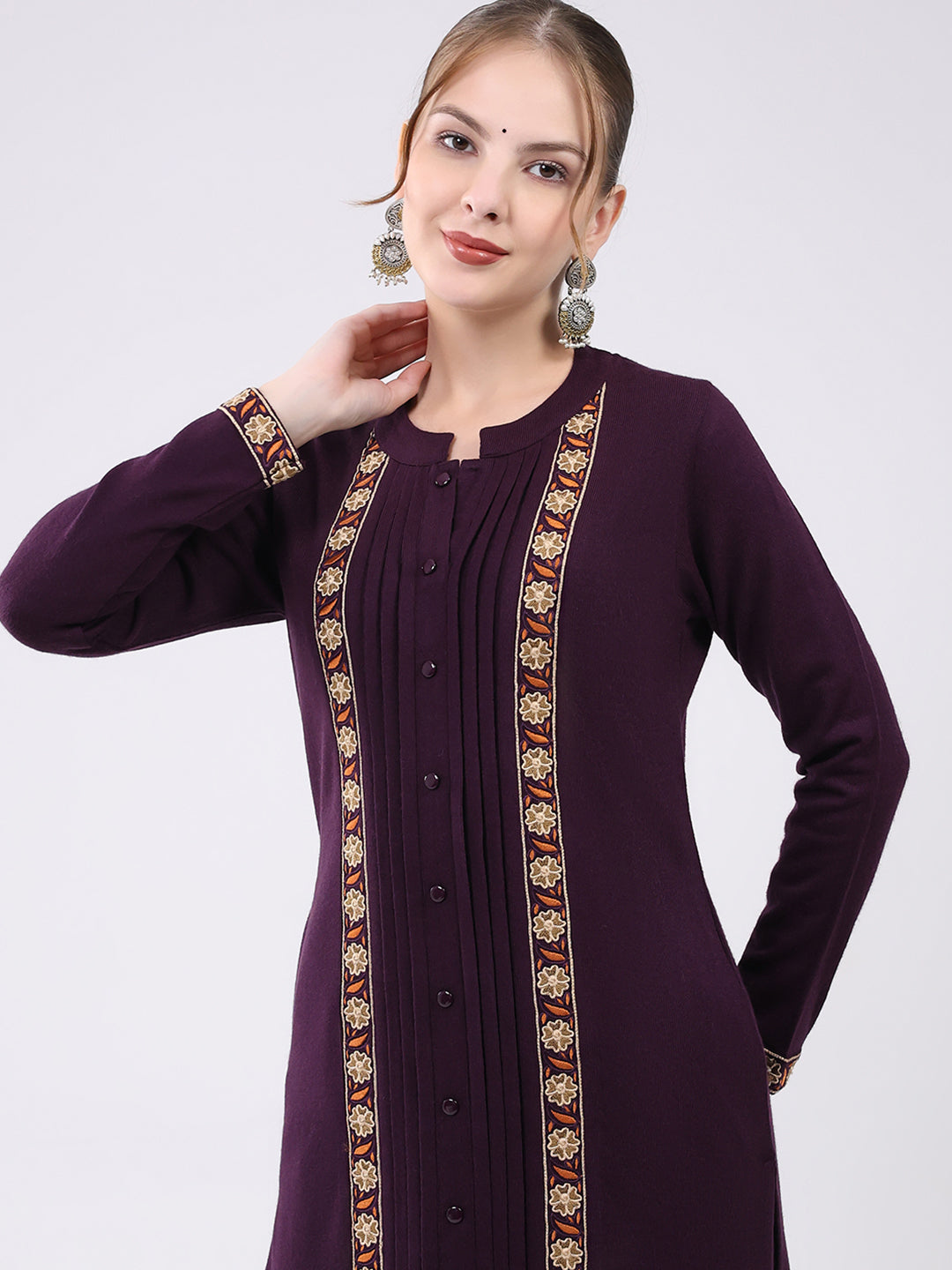 Women Purple Self Design Round Neck Full Sleeve Kurti Set for Winter
