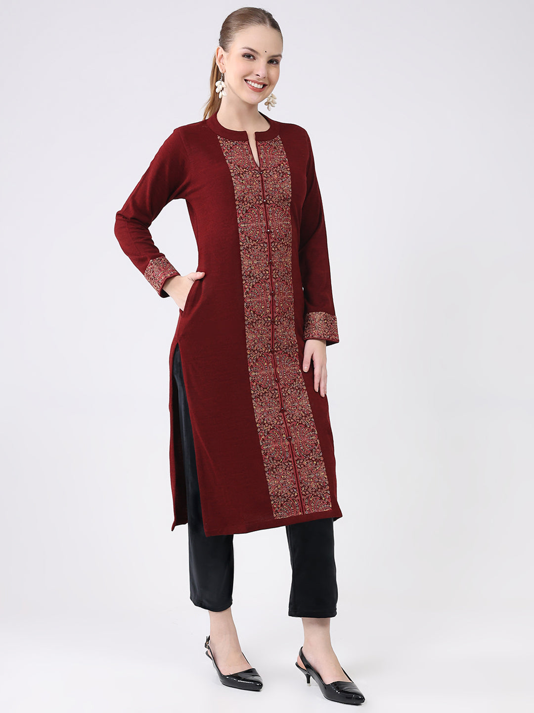 Women Maroon Printed Round Neck Full Sleeve Winter Kurti