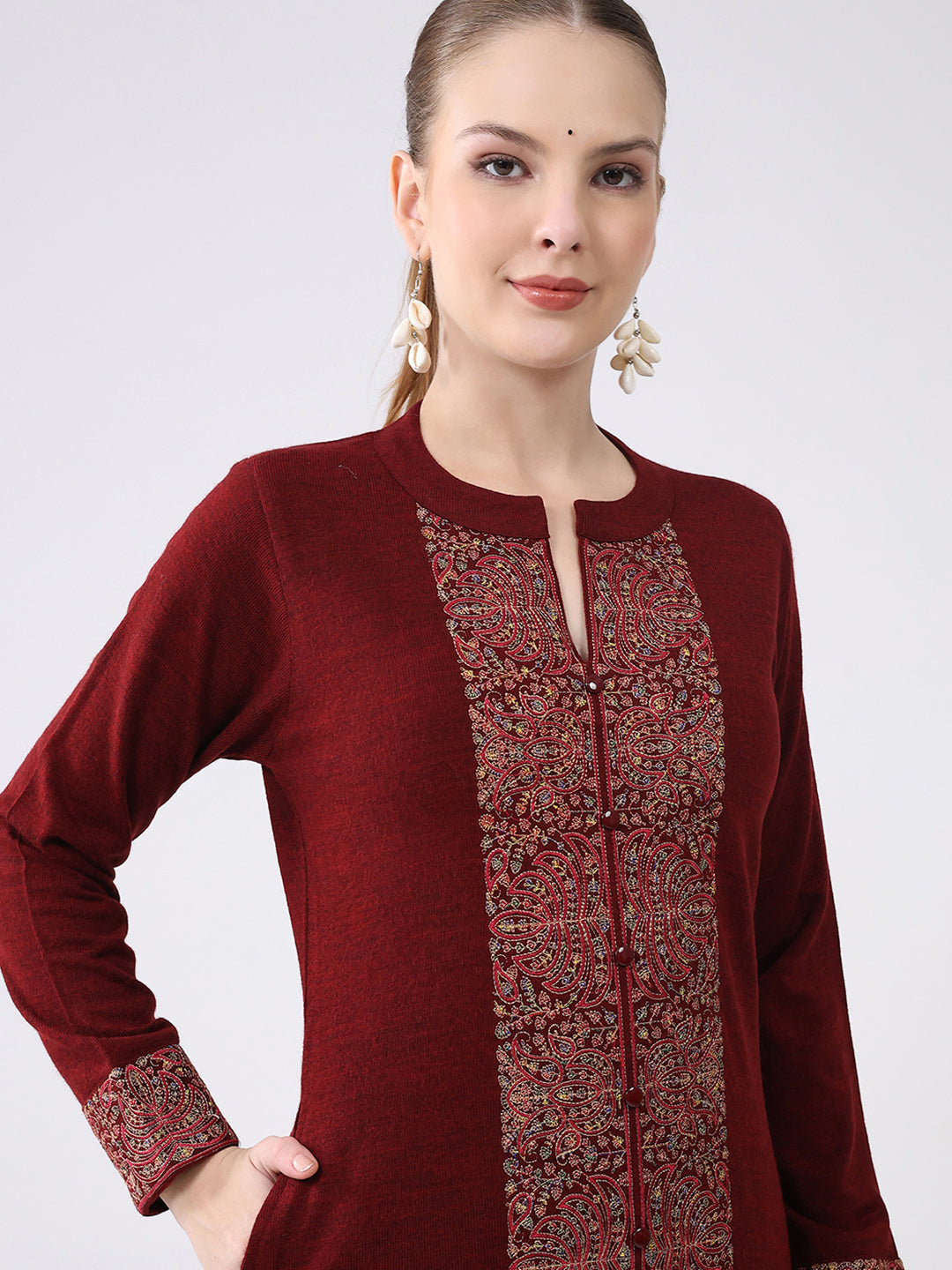 Women Maroon Printed Round Neck Full Sleeve Winter Kurti