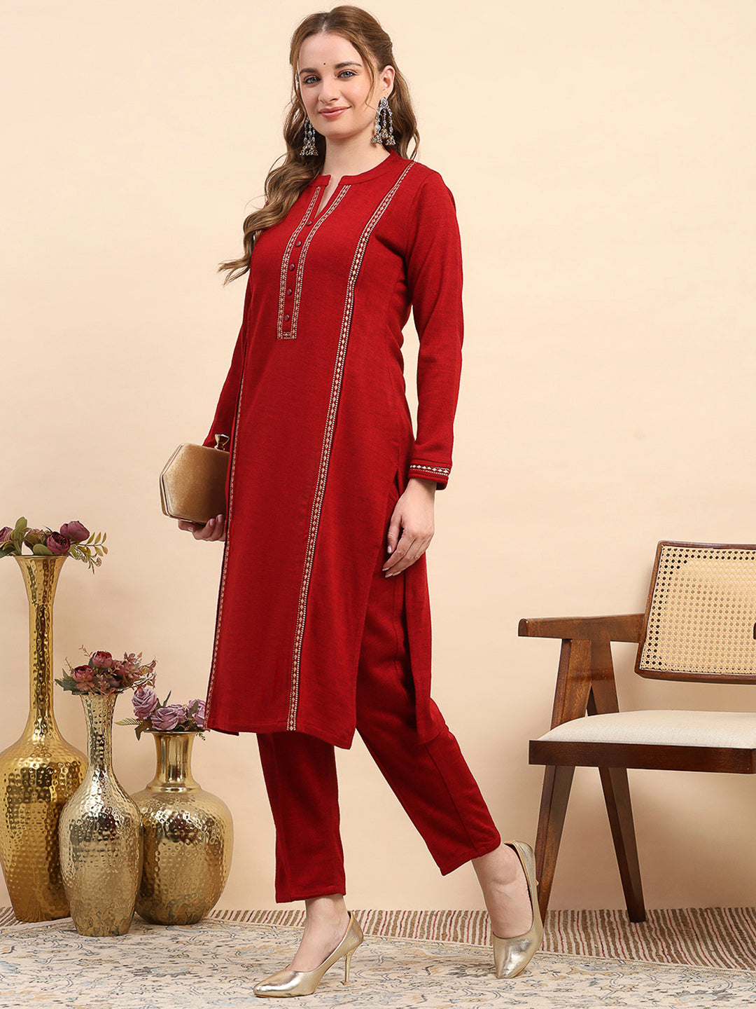 Women Maroon Printed Round Neck Full Sleeve Kurti Set for Winter