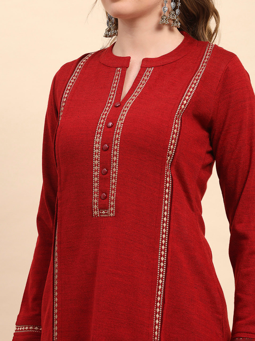 Women Maroon Printed Round Neck Full Sleeve Kurti Set for Winter
