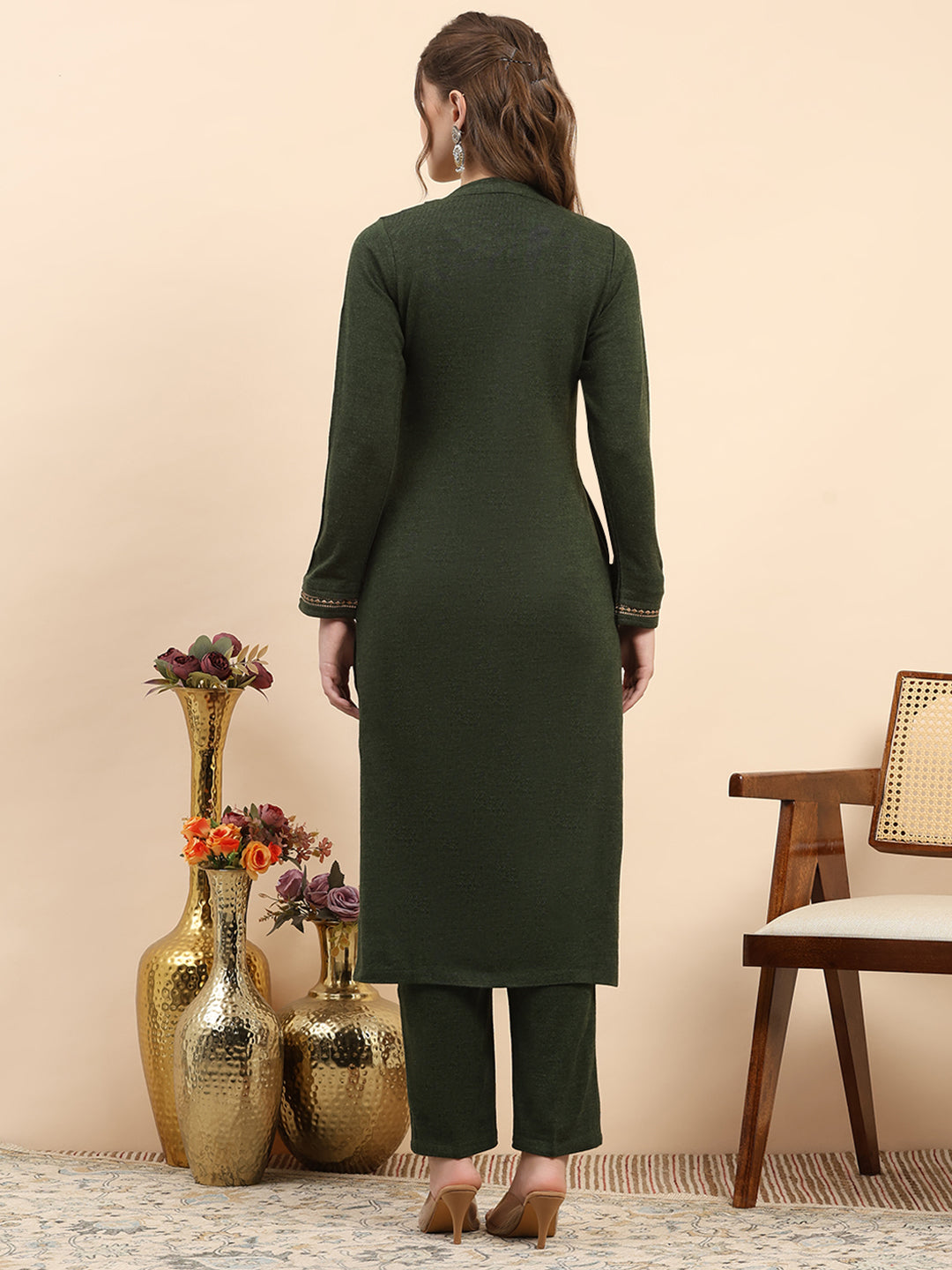 Women Olive Printed Round Neck Full Sleeve Kurti Set for Winter