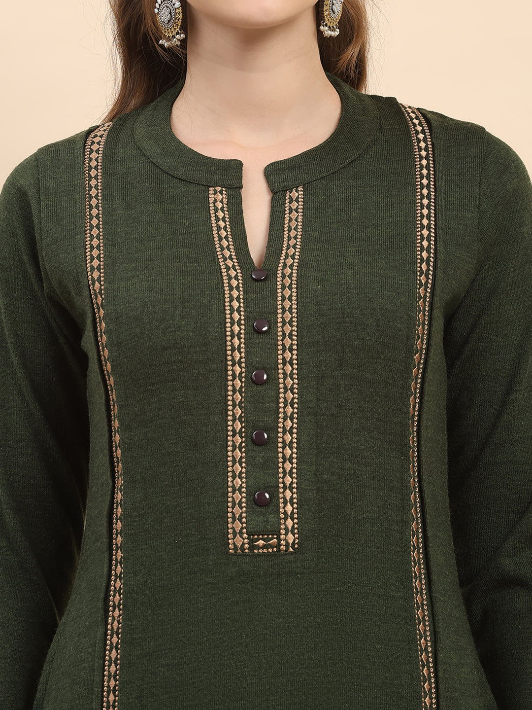 Women Olive Printed Round Neck Full Sleeve Kurti Set for Winter