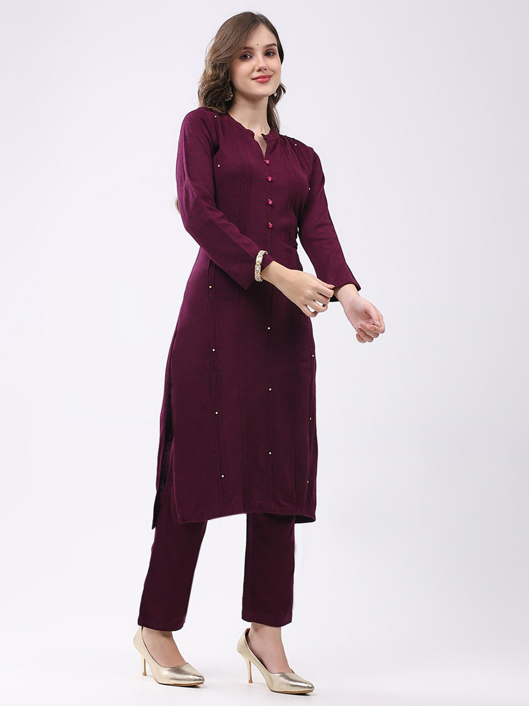 Women Maroon Self Design Round Neck Full Sleeve Kurti Set for Winter