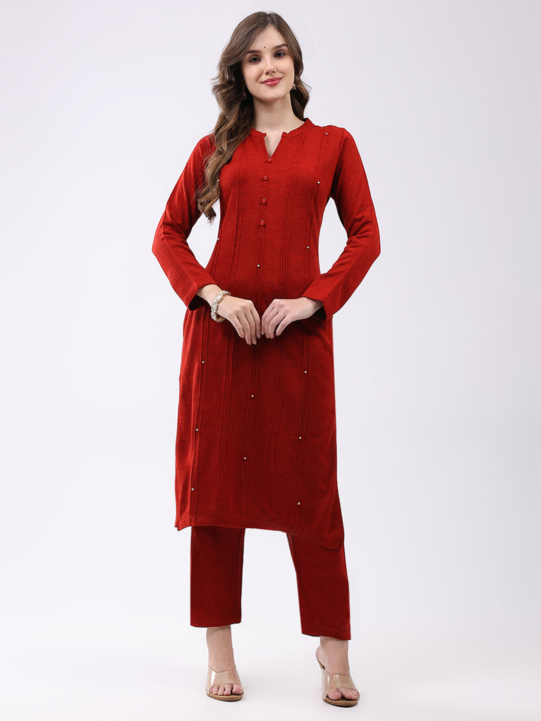 Women Red Self Design Round Neck Full Sleeve Kurti Set for Winter