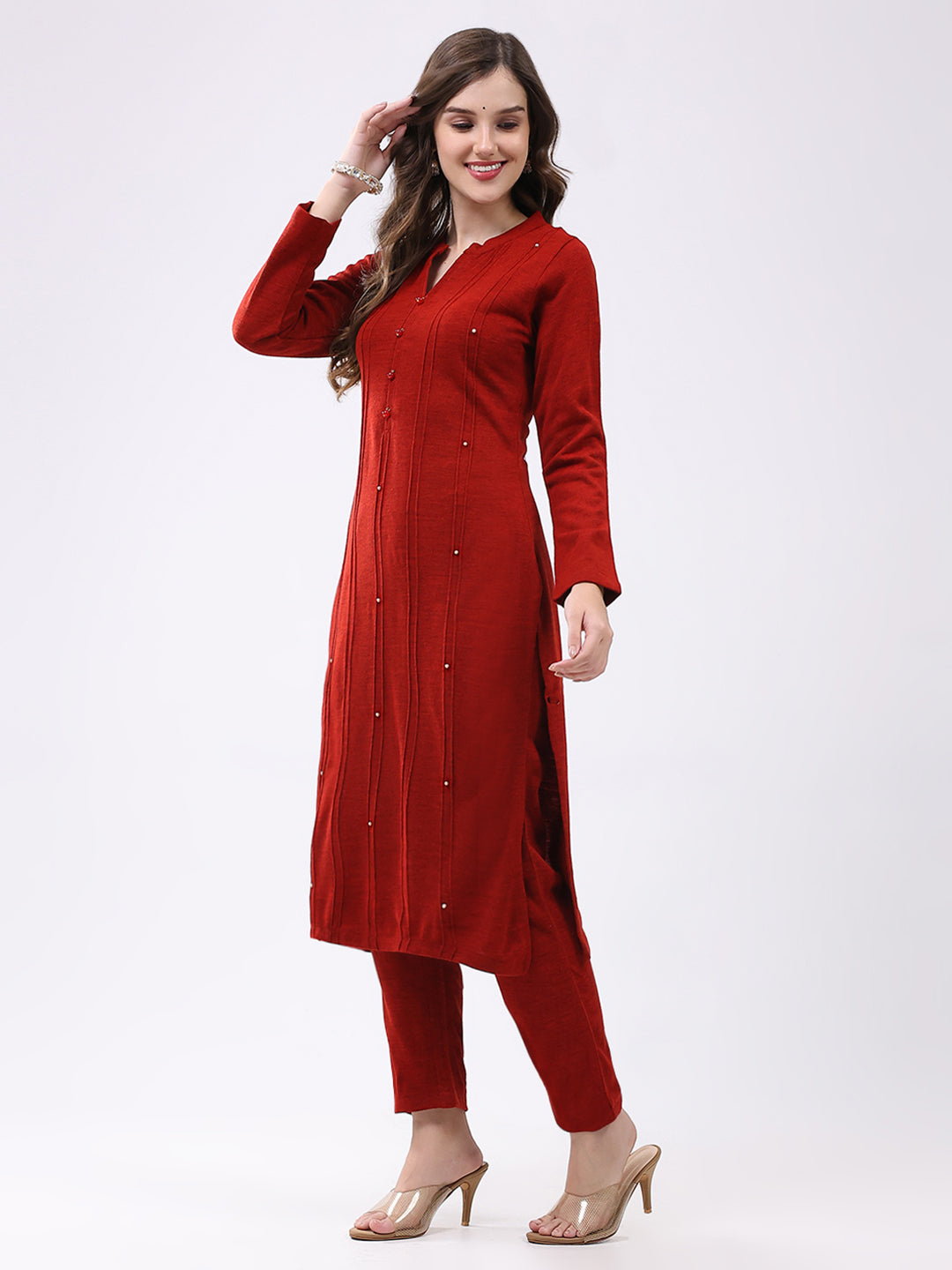 Women Red Self Design Round Neck Full Sleeve Kurti Set for Winter