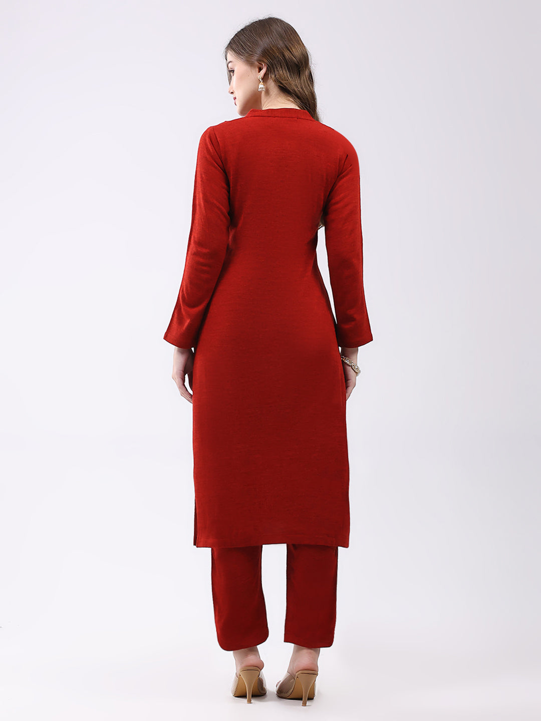 Women Red Self Design Round Neck Full Sleeve Kurti Set for Winter