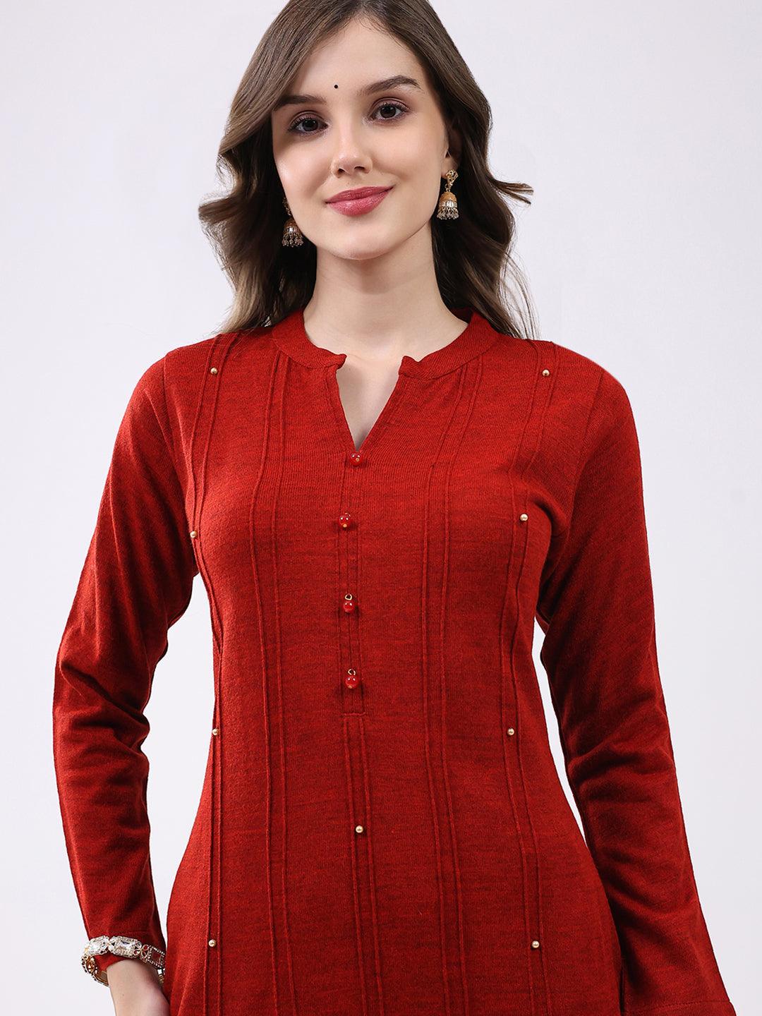 Women Red Self Design Round Neck Full Sleeve Kurti Set for Winter