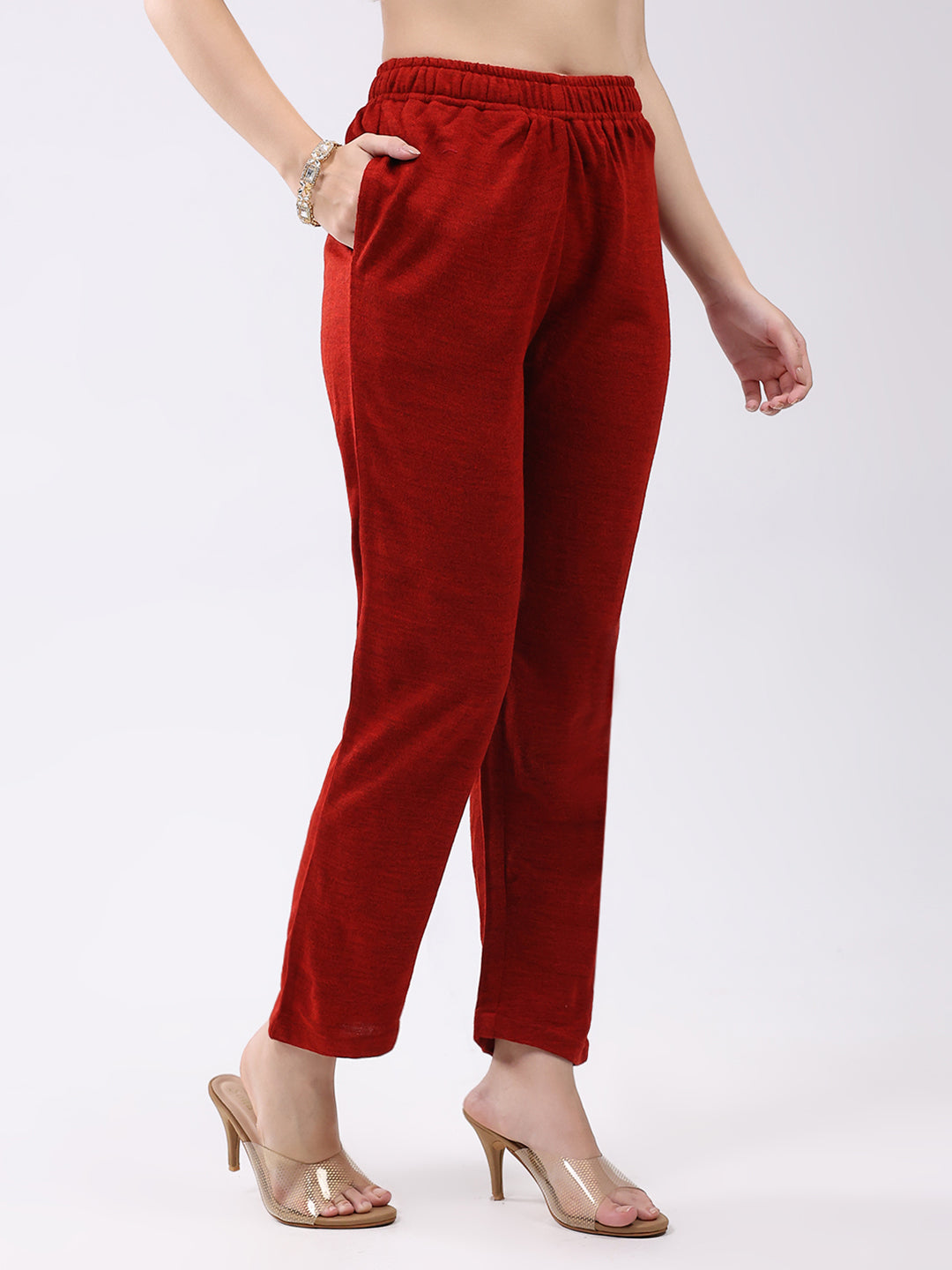 Women Red Self Design Round Neck Full Sleeve Kurti Set for Winter