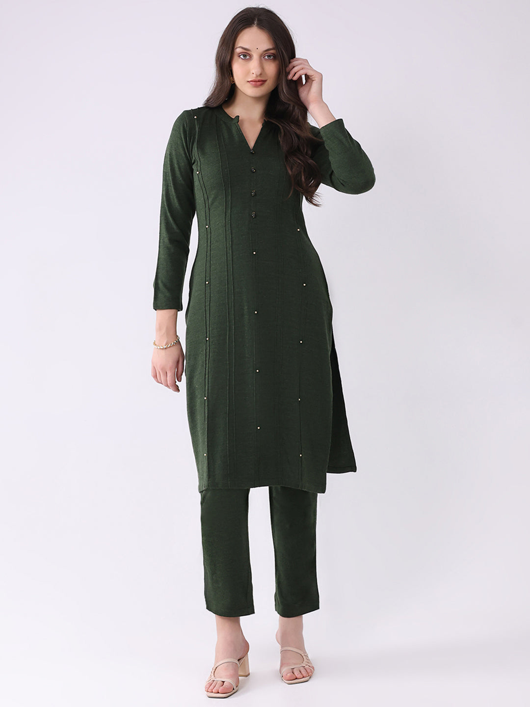 Women Green Printed Round Neck Full Sleeve Kurti Set for Winter