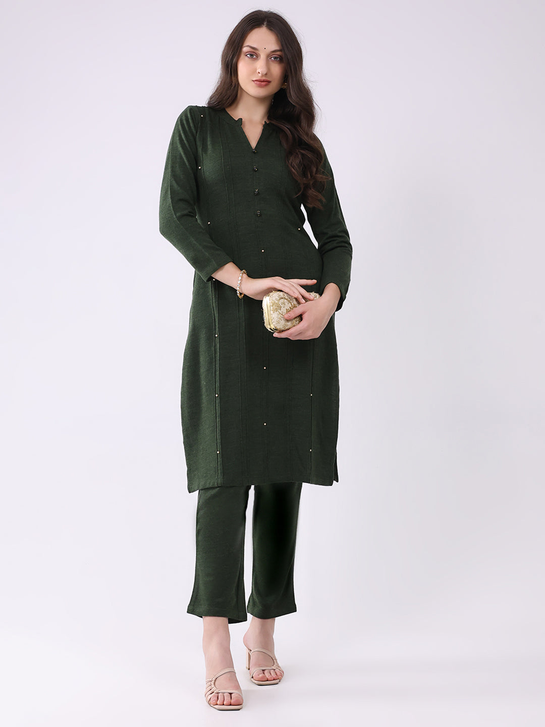 Women Green Printed Round Neck Full Sleeve Kurti Set for Winter